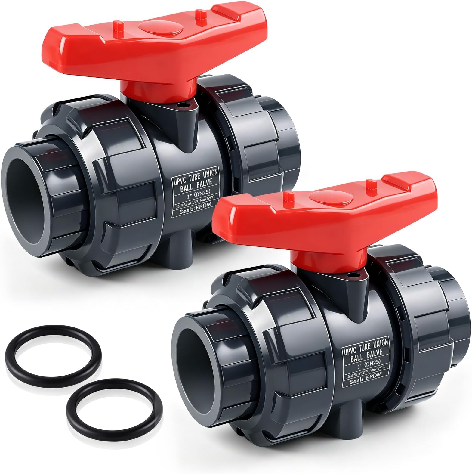 2PCS PVC Union Ball Valve, 1" Inch (DN25) True Union Full Flow Ball Valve, ASTM EPDM O-ring, Slip Socket Ball Valve with Full Port for Water System