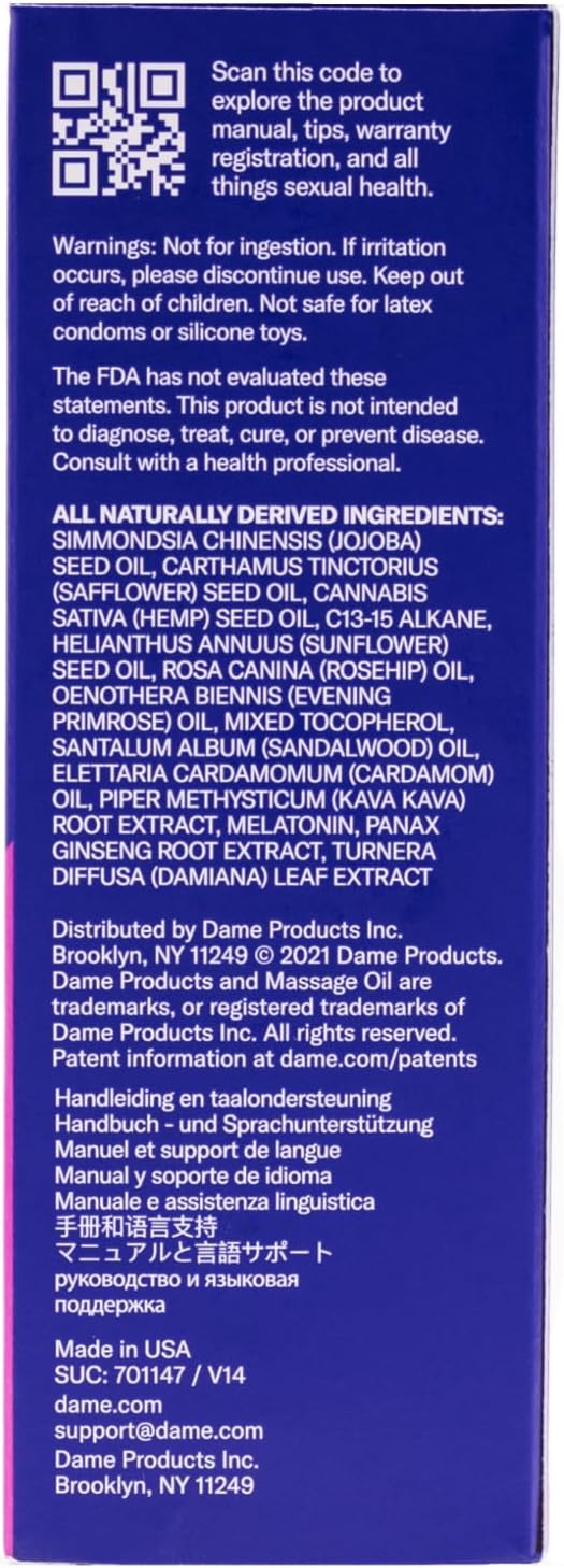Dame Products Muscle-Relaxing Massage Oil for Women & Men, Sandalwood & Cardamom Aromatherapy Body Oil with Jojoba for Massage Therapy, Plant-Based, Non-Greasy, Relaxing Full-Body Massage Oil, 2 fl oz