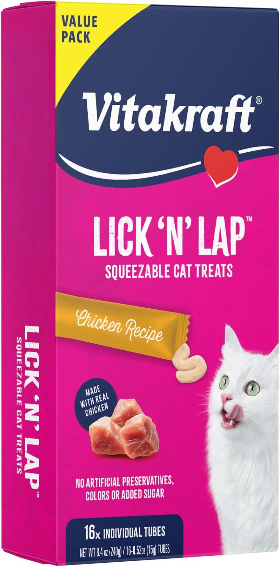 Vitakraft Lick 'N' Lap Real Chicken Squeezeable Liquid Cat Treats, Lickable, Chicken Broth #1 Ingredient, No Artificial Colors, Preservatives or Added Sugar, for Hydration, 0.52 oz. Tubes, 16 Count