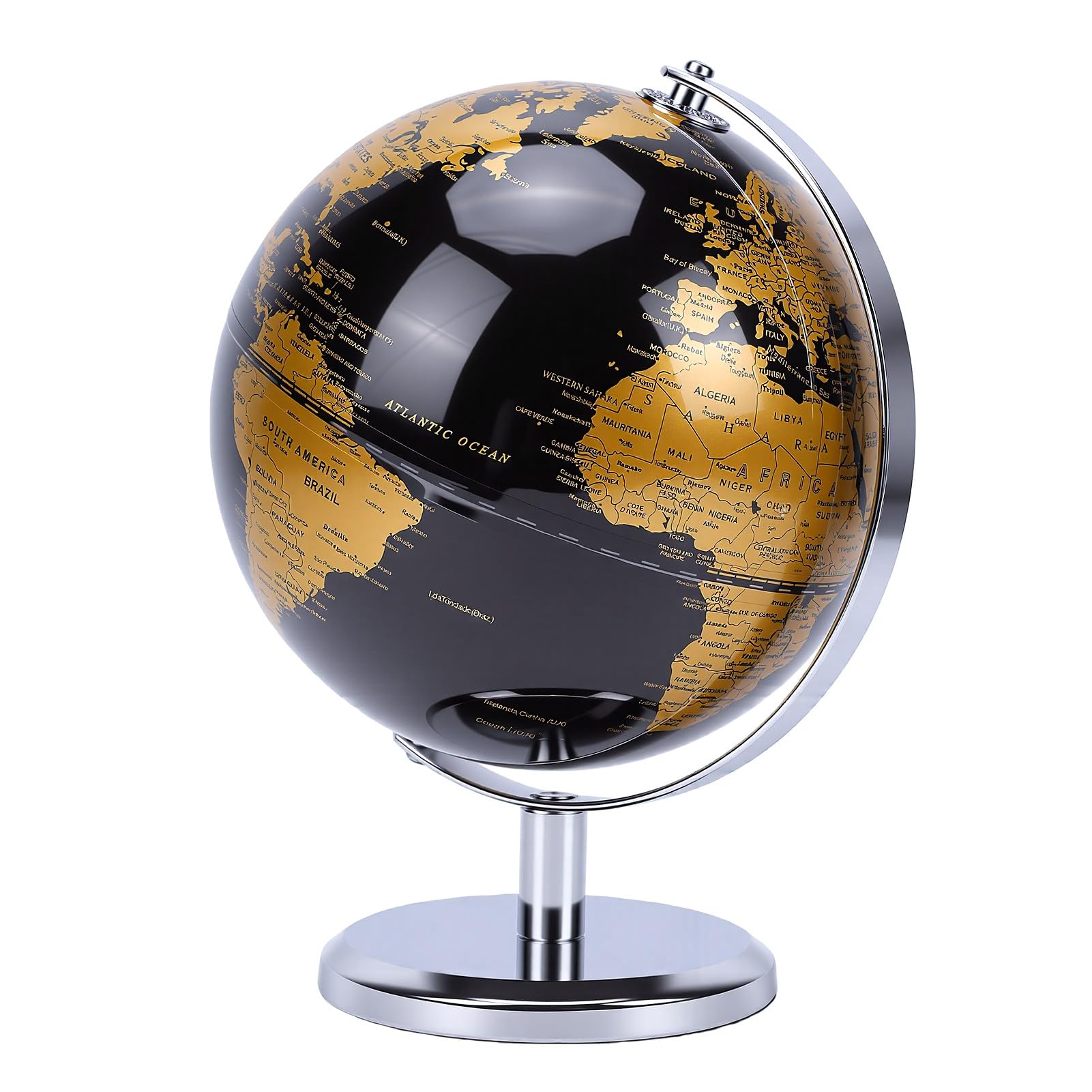Oreilet World Globe with Antique Bronze Stand, Black Gold Desktop Decor