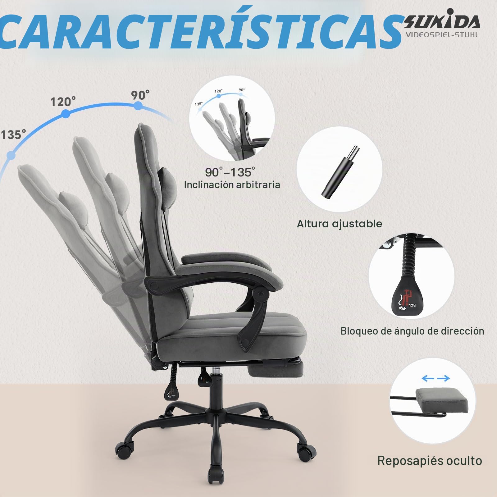 SUKIDA Silla de gaming de tela, silla ergonómica para videojuegos con reposapiés, silla de ordenador de carreras ajustable con soporte lumbar, gris silla ergonómica para PC