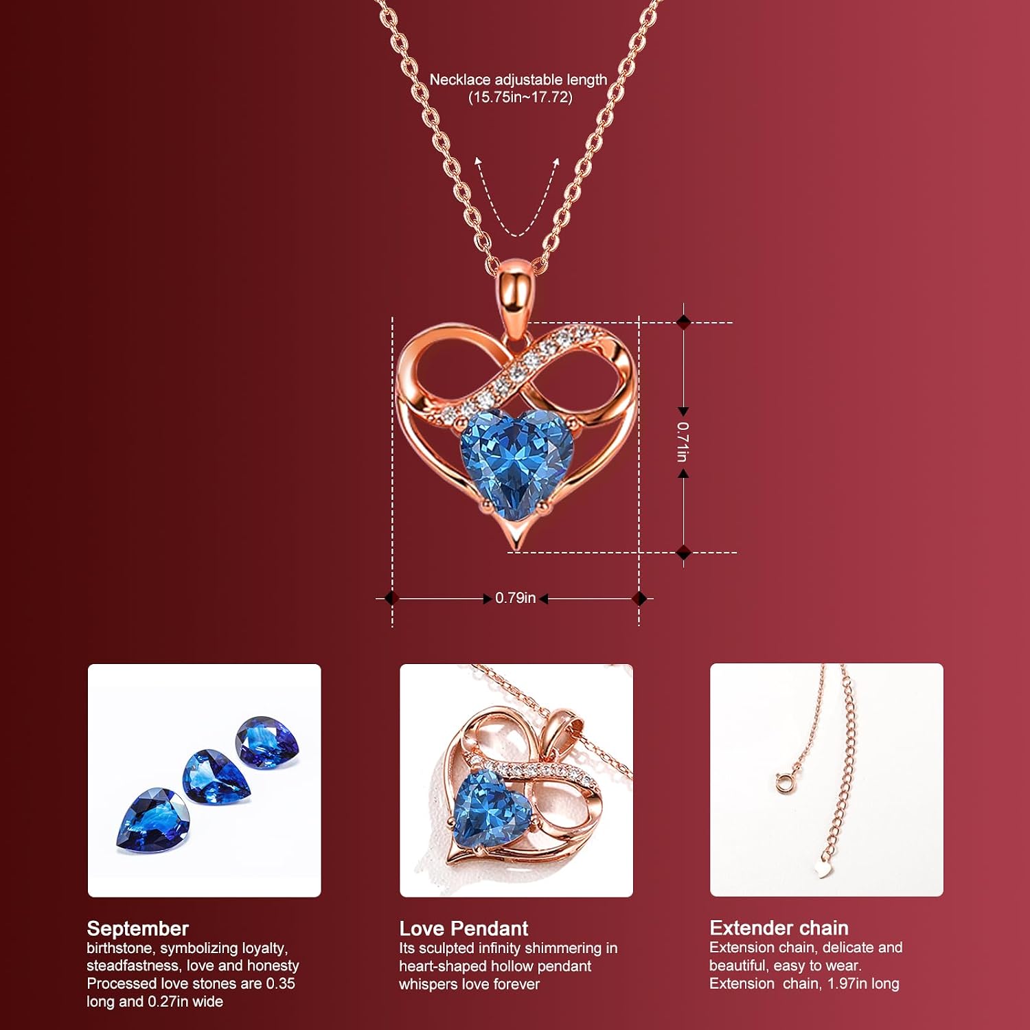 Rose Gold Heart Pendant Necklaces Infinity Heart Birthstone Necklace For Women Sapphire Birthstone Necklace For Mom Wife Girlfriend September Birthday Gift Wedding Gift