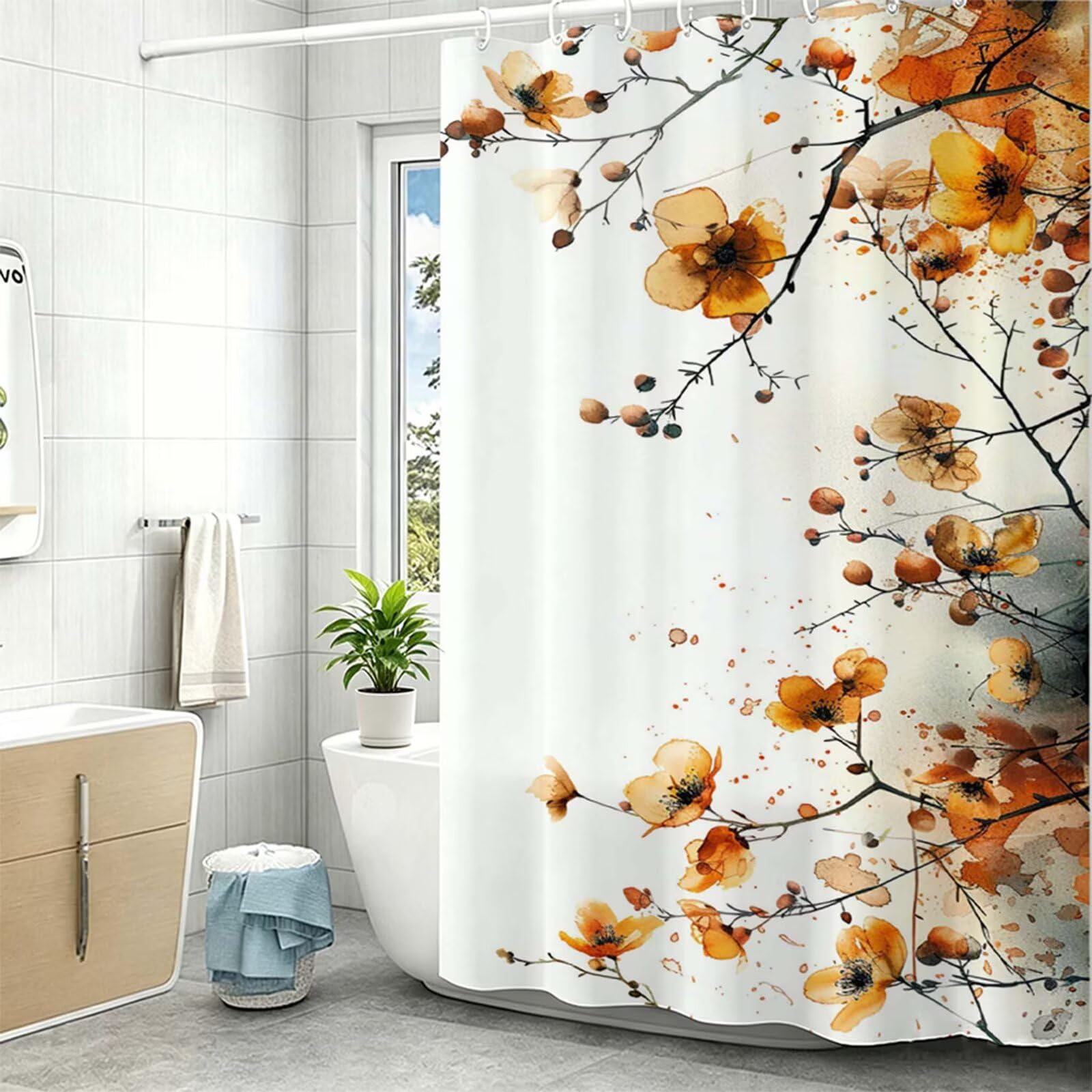 Tenda Doccia in Poliestere arancia,Tende per Doccia Extra Lunga 240x200cm,fiore Tenda Vasca da Bagno Tessuto Lavabile,Impermeabile e Facile da Pulire,con 12 Ganci,Decorazione per Bagno,Hotel Z-442