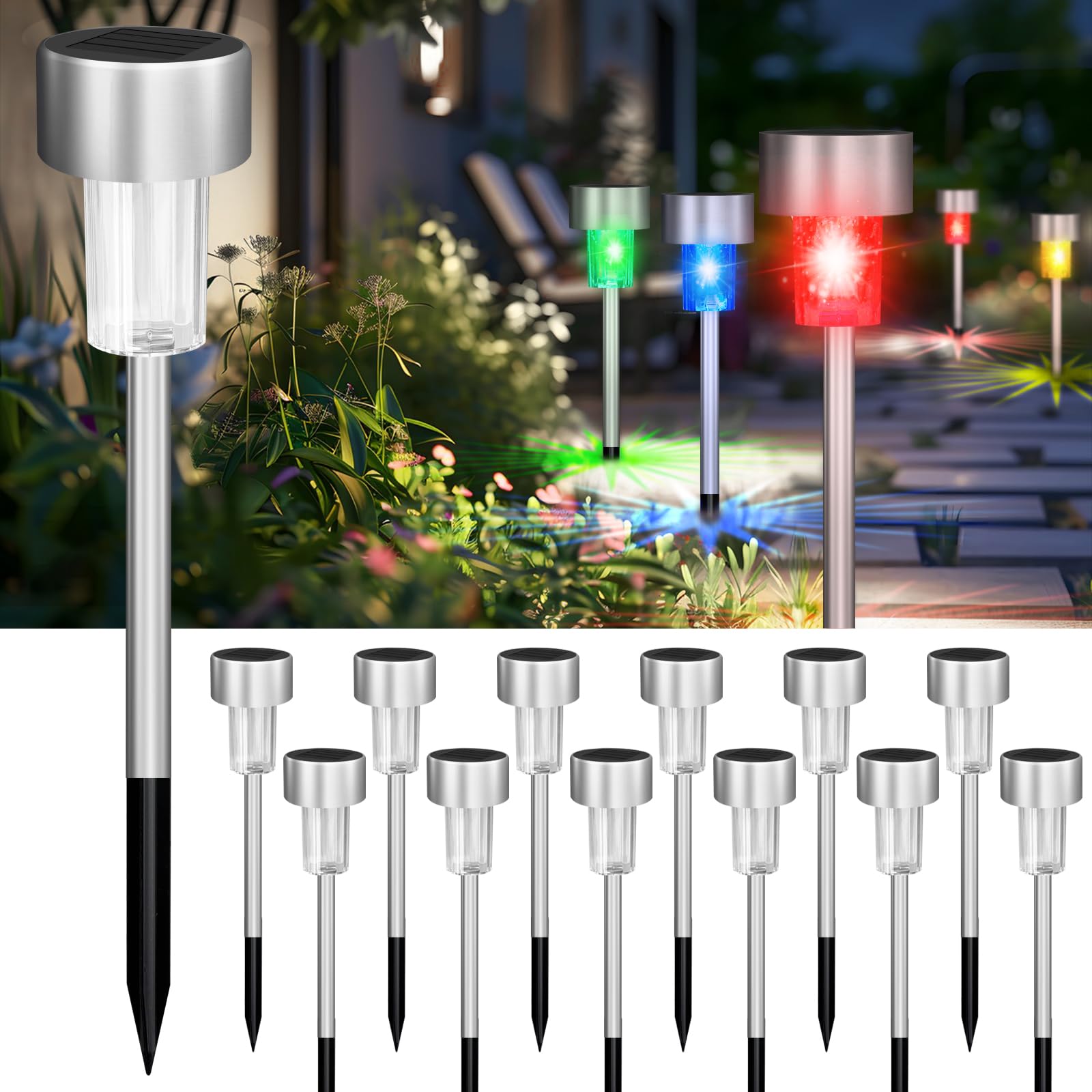 Jsdoin Colorful Light 12Pcs Solar Garden Lights, Garden Stake Light Stainless Steel Led Solar Lights Waterproof Auto On-Off Pathway Lighting For Walkway, Patio, Outdoor, Lawn, Driveway (Colorful Light)
