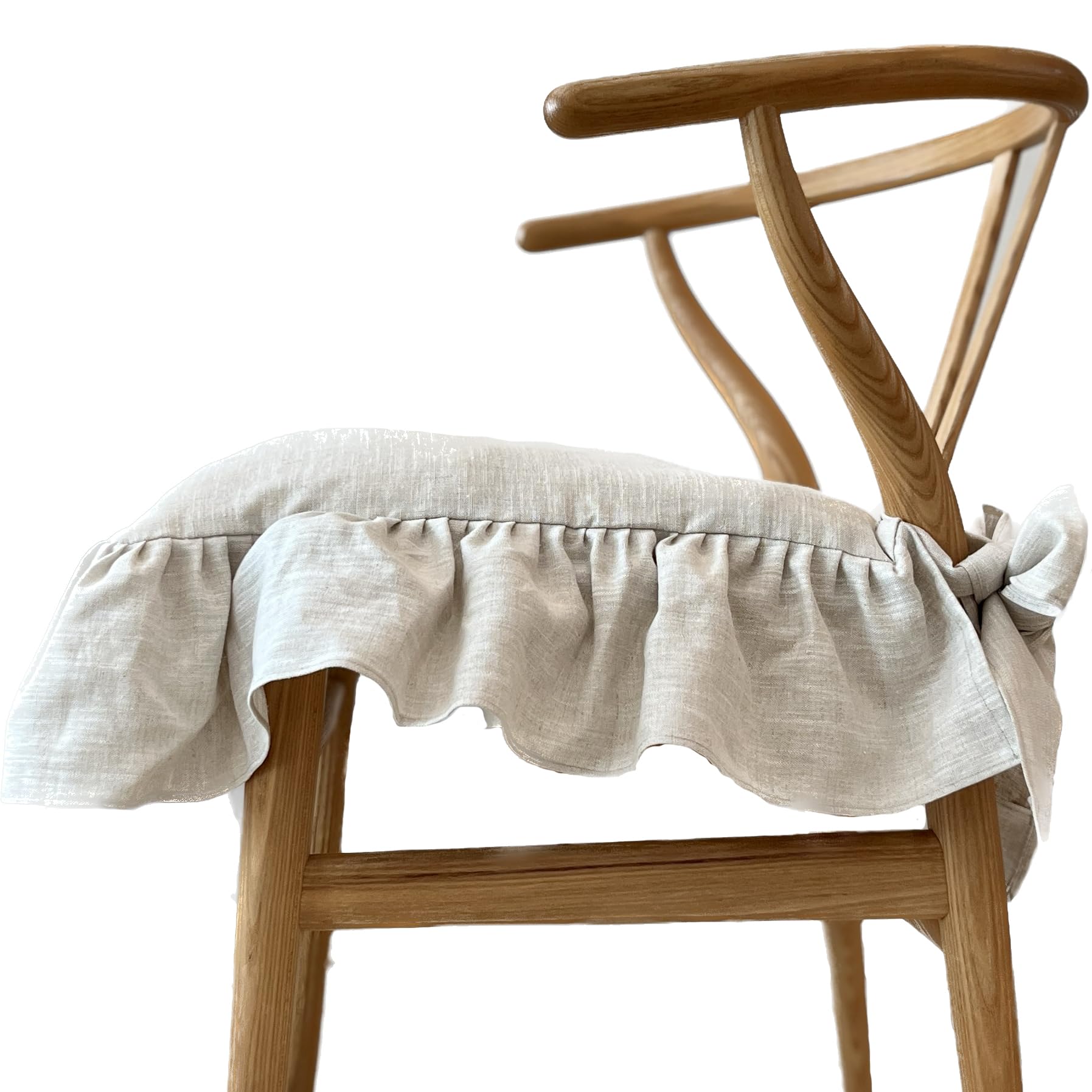Korean Made Chair Pad Slipcover Chair Cushion Cover Ties with Ruffle Farmhouse Decor No Cushion Insert, (Solid Beige)