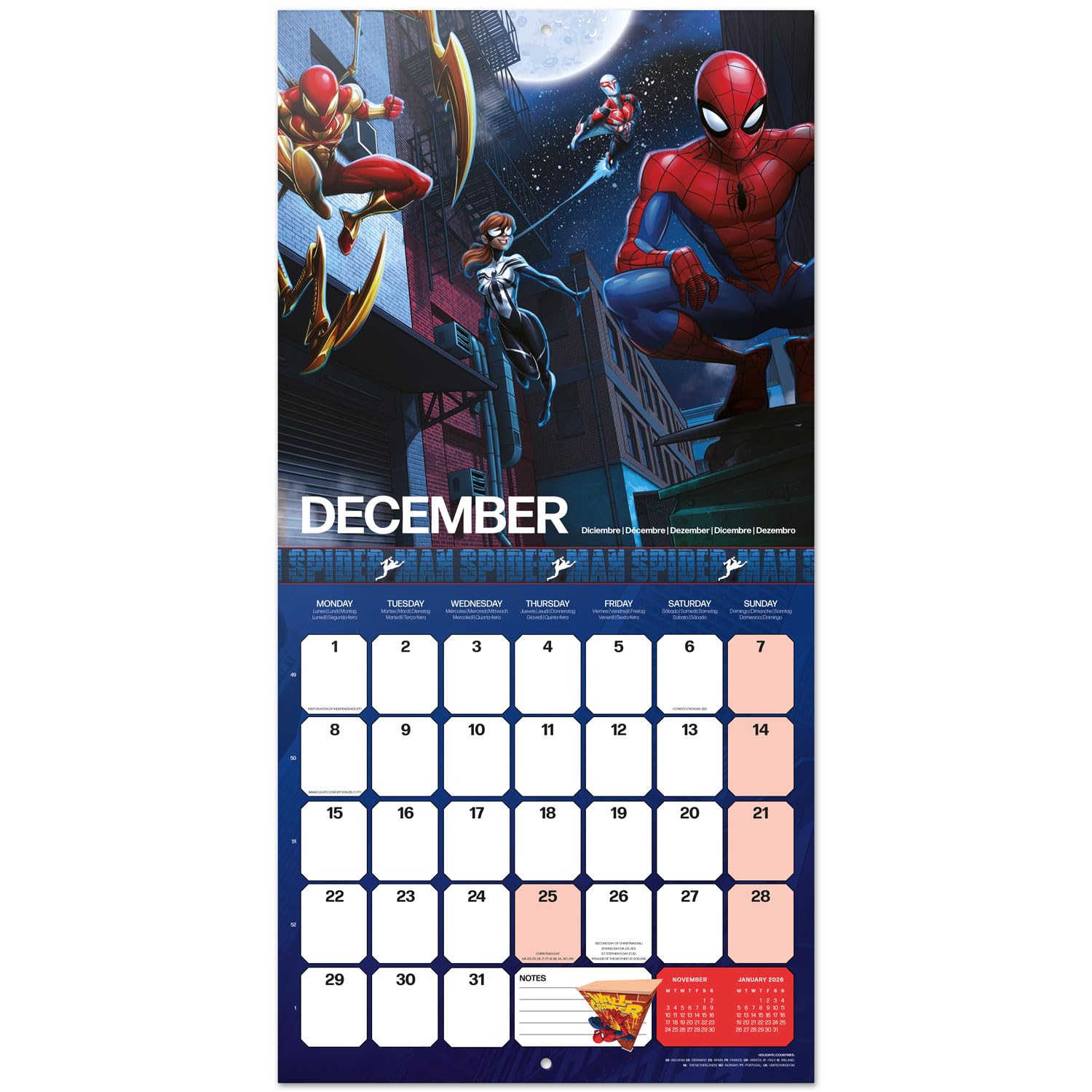 Calendrier Mural 2026 Spiderman - 30x60 Cm, Papier 140g, Multilingue, De Janvier à Décembre Pour Une Organisation Stylée