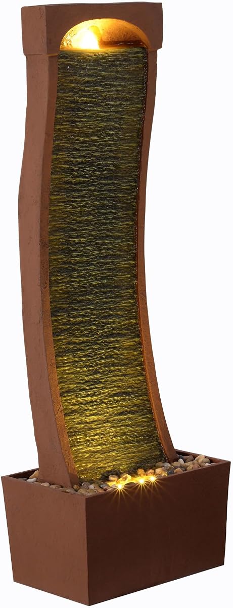38.5" Indoor/Outdoor Modern Curved Faux Slate Waterfall Fountain with LED Lights, Red Rock | Freestanding, Faux Slate, LED Lights, Red Rock, Weather-Resistant