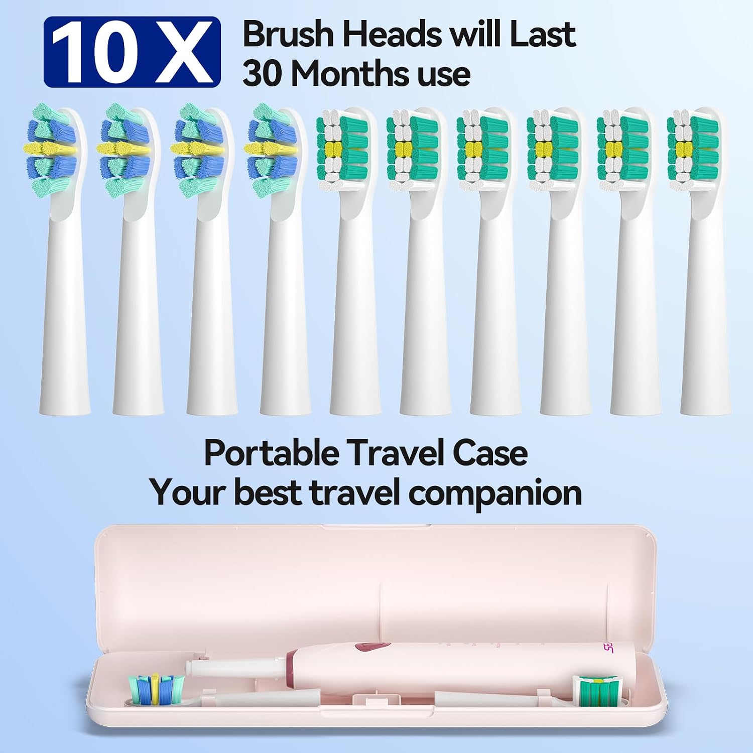 SEAGO SG-2316 Electric Toothbrush with 10 replacement brush heads and travel case