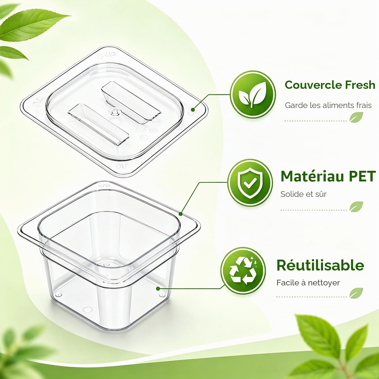 Bekith Lot de 6 poêles Gastronorm 1/6 avec couvercle - En plastique transparent - Pour cuisine, restaurant, bar, préparation - 10 cm de profondeur