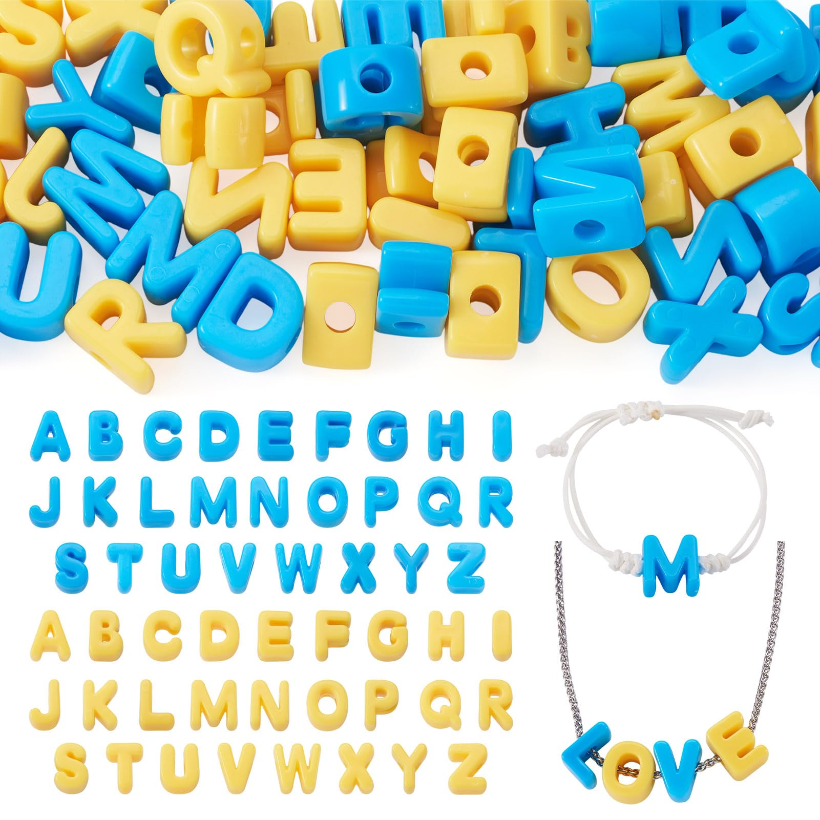 Cheriswelry 52Pcs A-Z Letter Acrylic Beads 3D Blue Yellow Acrylic Alphabet Beads Loose Spacer Bead for Jewelry Making Necklace Bracelet DIY Crafts Keychains