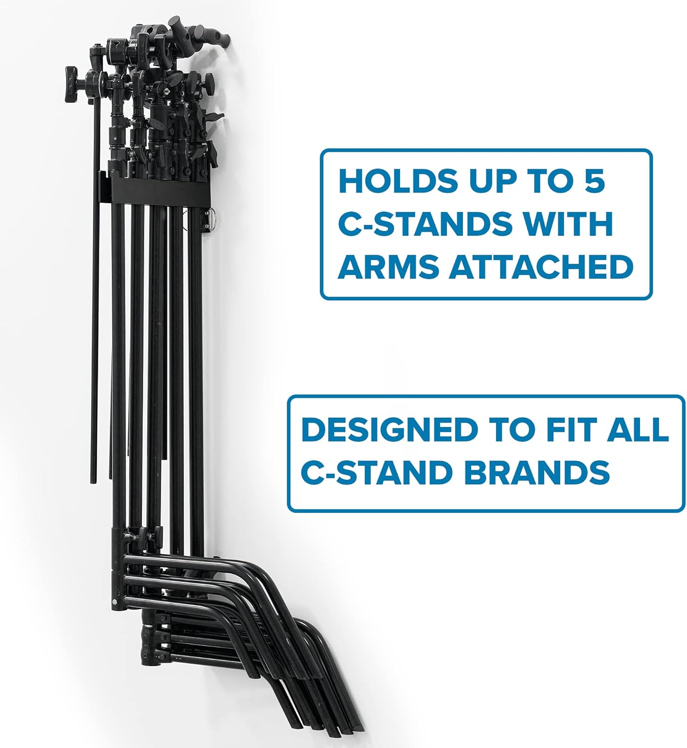 C Stand Wall Mount Bracket - Rack Wall Storage - Light Stand Bracket - Holds 5 C Stands - Heavy Duty Steel Production Hanger - Studio Organizer