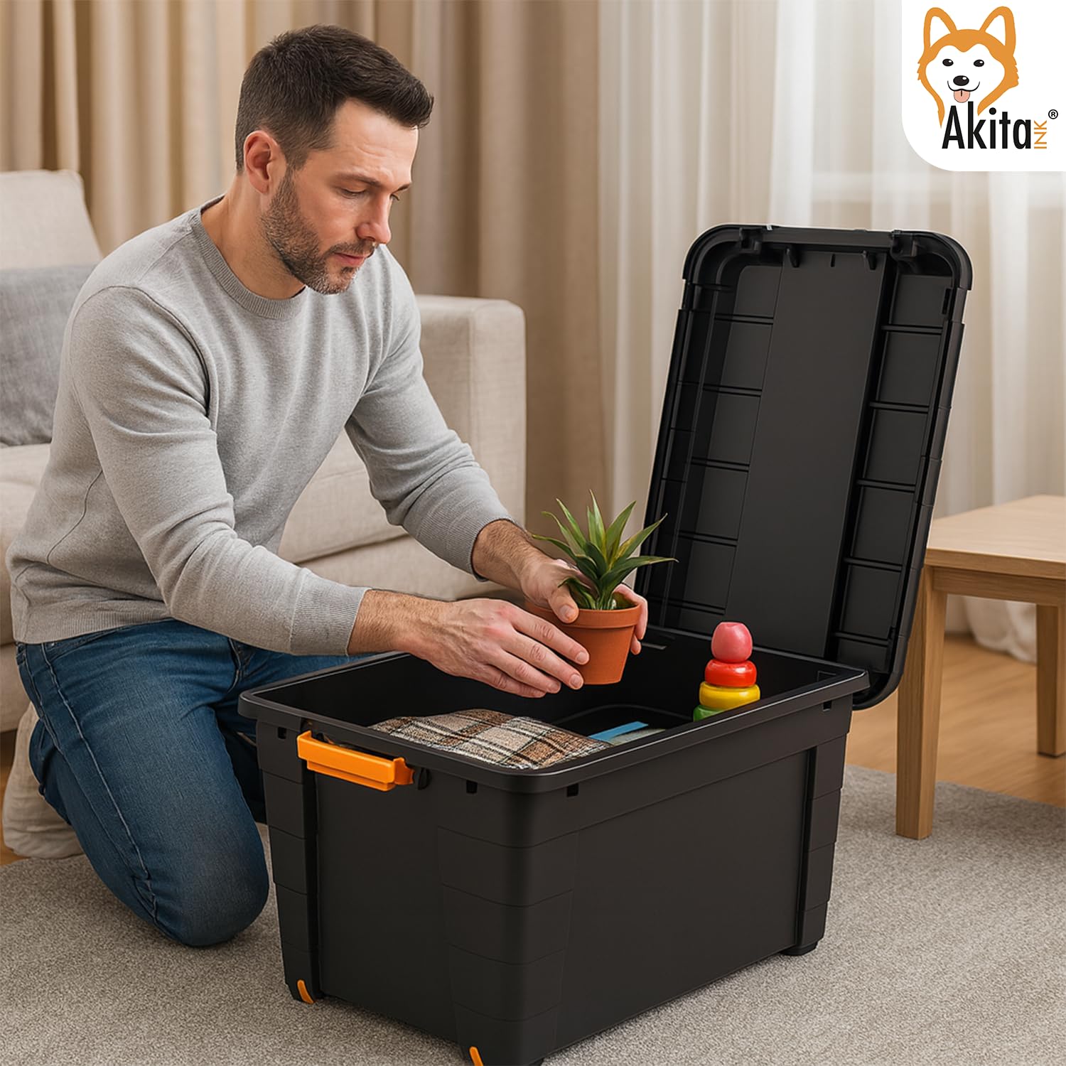 AKITAInk Contenitore Box con Ruote 60L e Coperchio - 39x36x59 cm - Magic 4 Aperture- Scatola Portaoggetti in Polipropilene Resistente, per Casa, Ufficio e Garage, Made in Italy (NERO, 60 L)