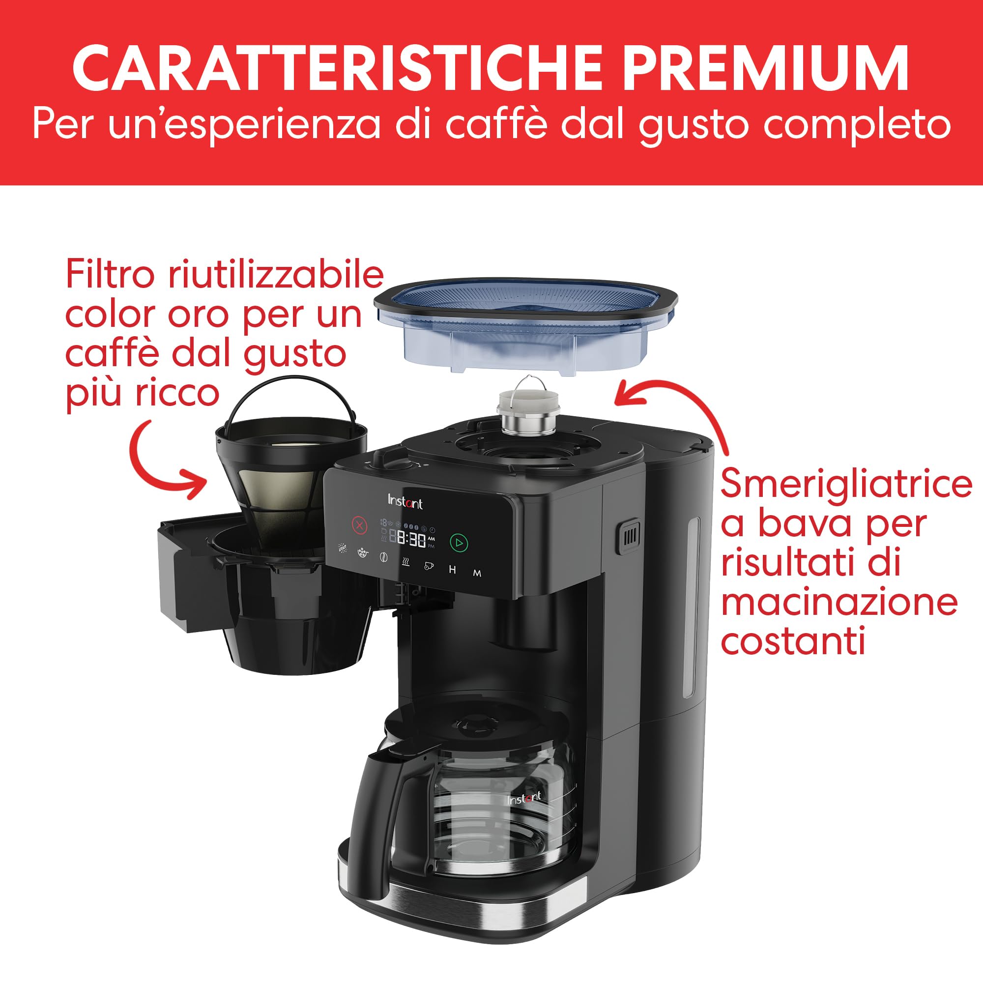 Caffettiera Instant® Grind & Brew, Programmabile per 24 Ore, 12 Tazze, Macinino in Grani Regolabile Incorporato, Filtro Riutilizzabile, Filtro per l'acqua, Caraffa di Vetro, Mantenimento in Caldo