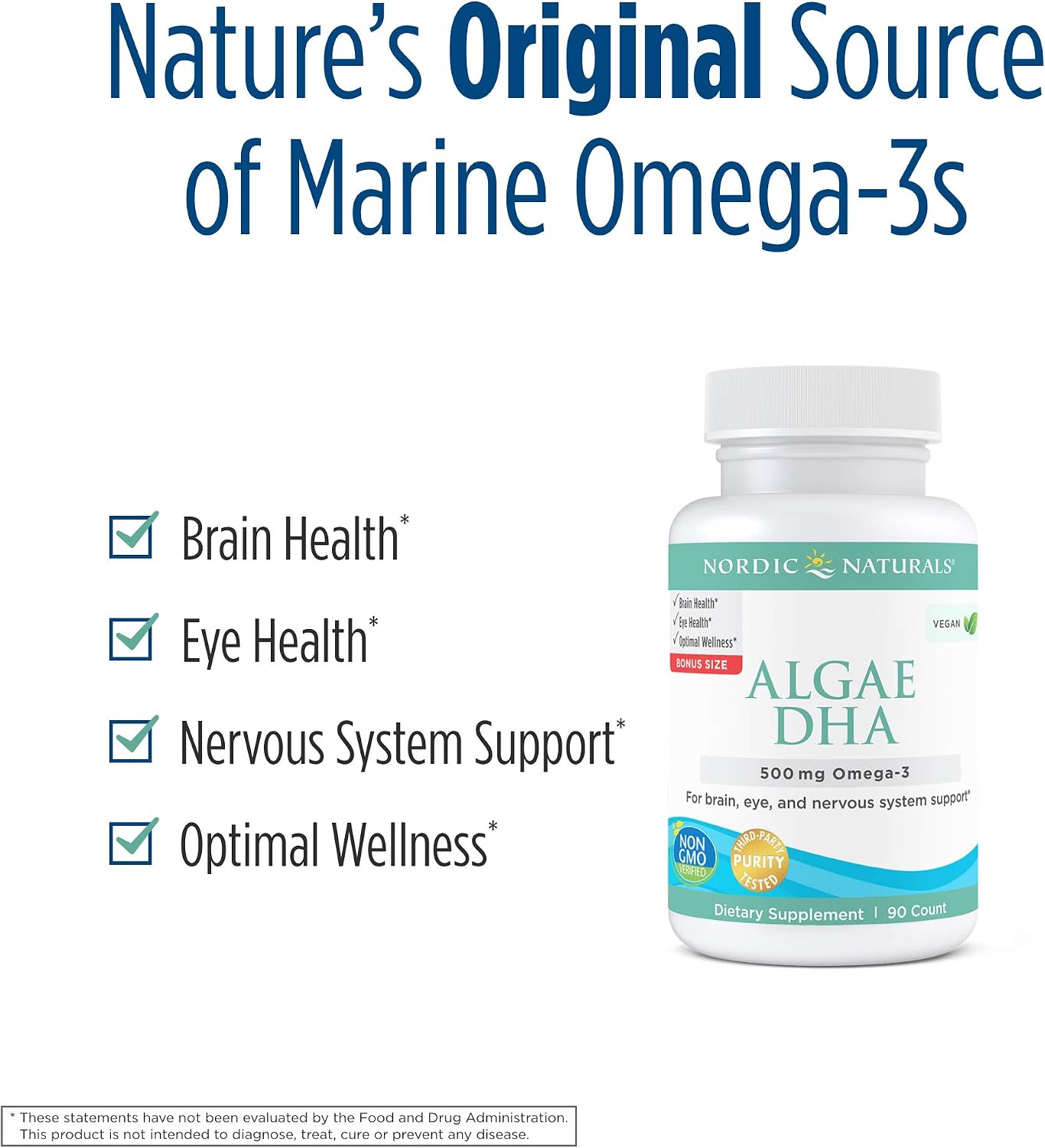 Nordic Naturals Algae DHA - 90 Soft Gels - 500 mg Omega-3 DHA - Certified Vegan Algae Oil - Plant-Based DHA - Brain, Eye & Nervous System Support - Non-GMO - 45 Servings