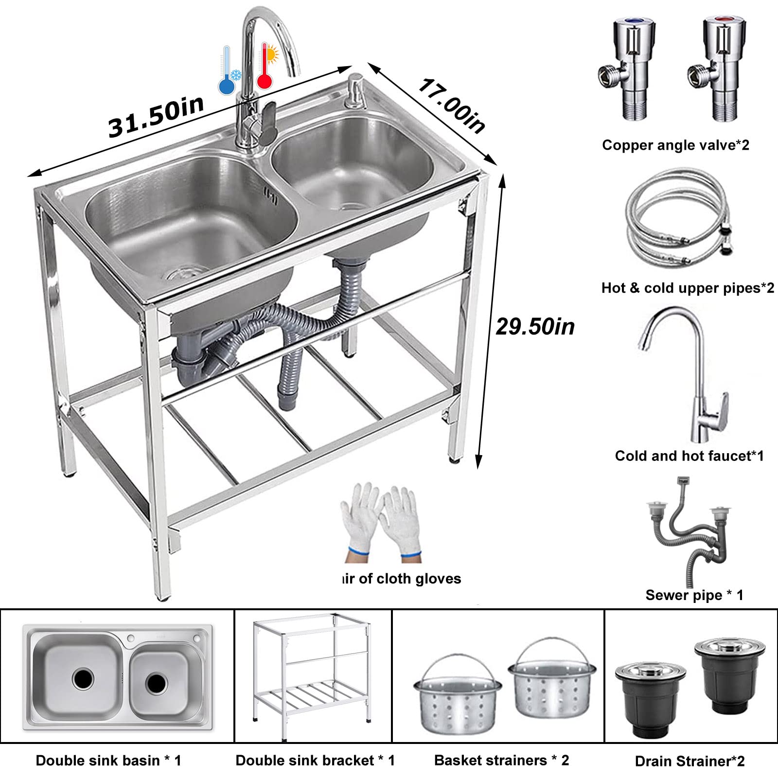 Acero Inoxidable Fregadero Cocina Comercial Dos Senos Móvil Exterior Jardin Fregadero Acero Inoxidable 2 Compartimientos Con Grifo frío y Caliente para Camping Jardín Restaurante y Bar 80 x 43 x 75cm
