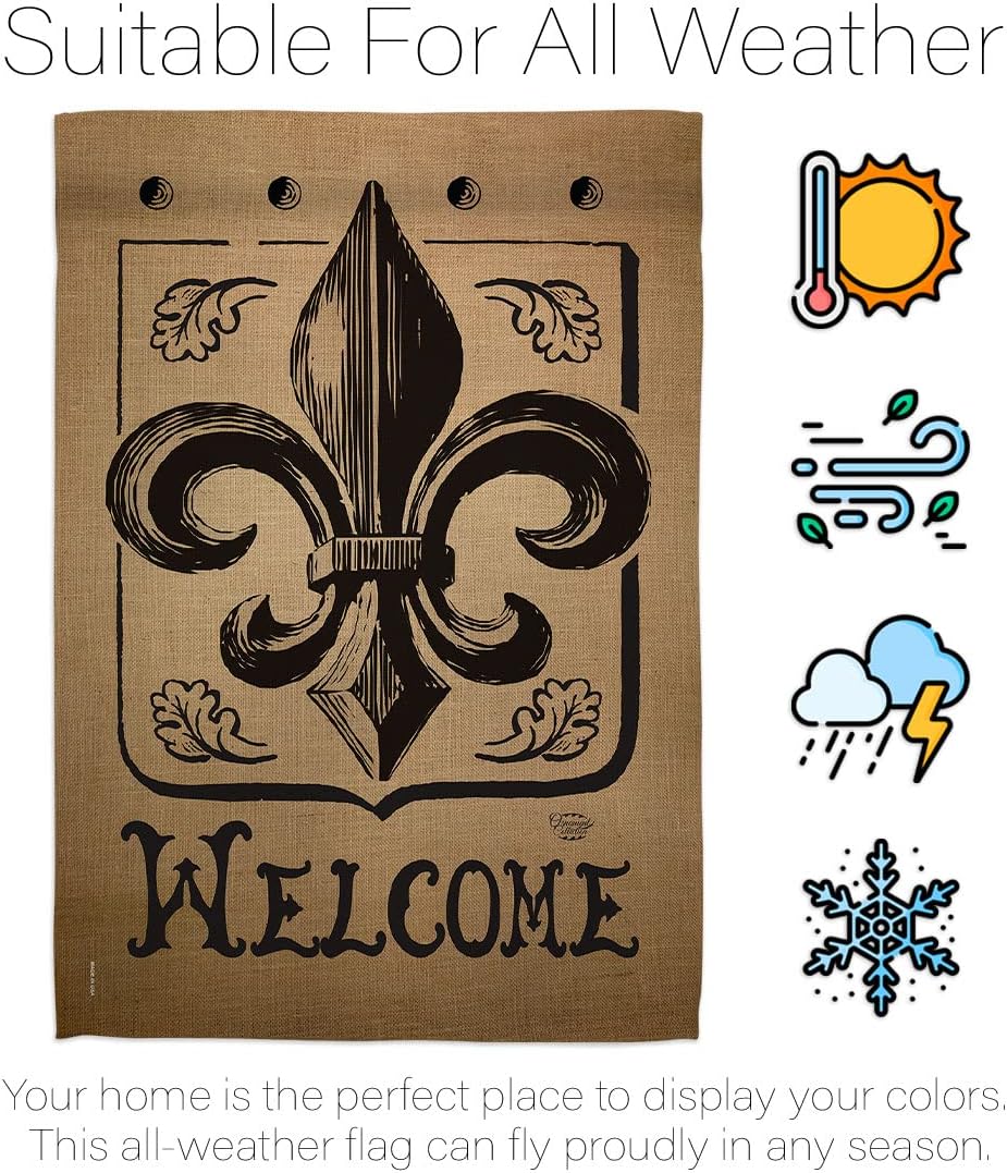 Welcome Fleur De LYS Garden House Flag - Set Country Living Vintage Flower Lily Lis French Party Mardi - Decoration Banner Small Yard Gift Double-Sided Made in USA 28 X 40
