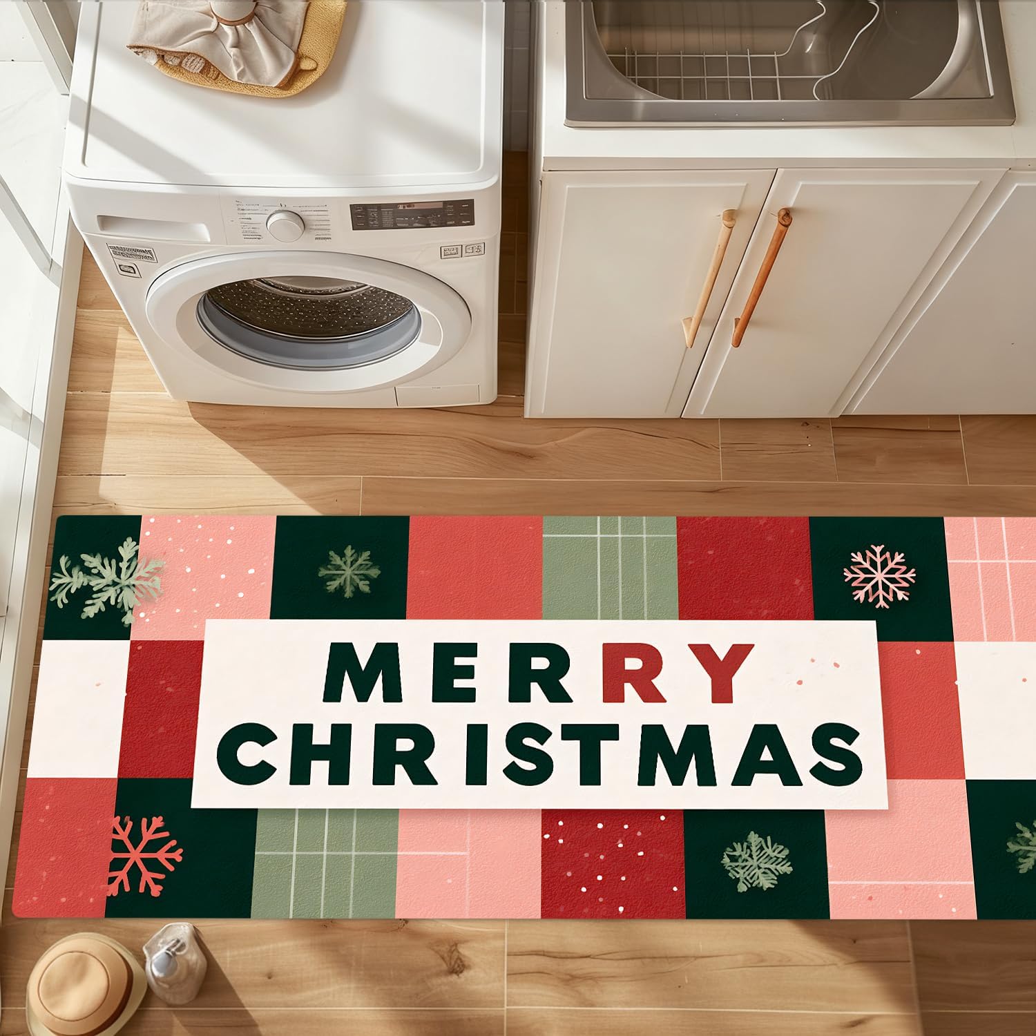 ANNA QUEEN Plaid Merry Christmas Laundry Room Rug 20x47 Inch – Non-Slip Runner Mat for Laundry Room, Entryway, Kitchen Decor