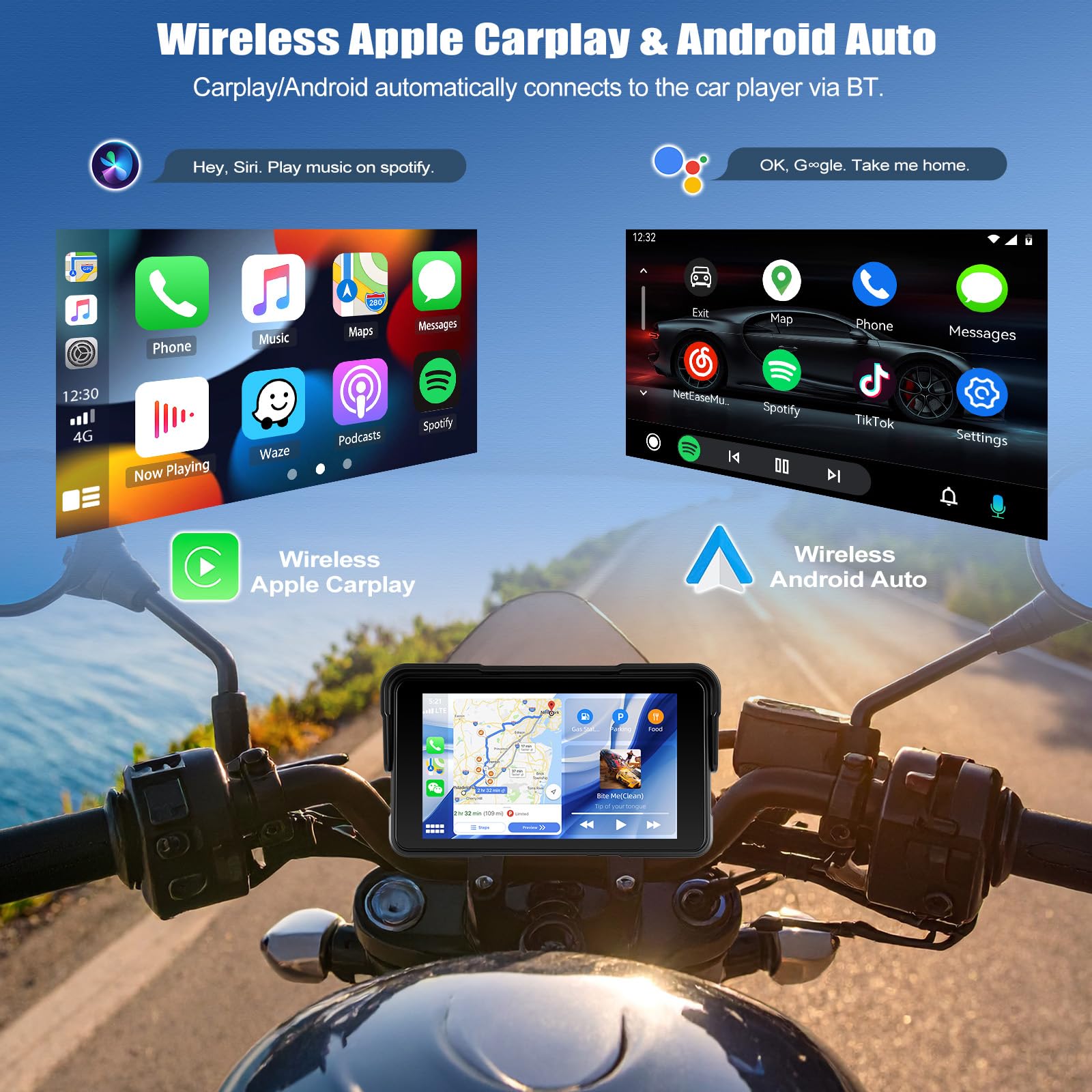 [2026 NUOVO] CAMECHO Wireless Carplay Moto Schermo, IP68 Touchscreen da 5 pollici Navigatore GPS Auto con Portatile Senza Fili CarPlay & Android Auto Impermeabile Touchscreen Bluetooth