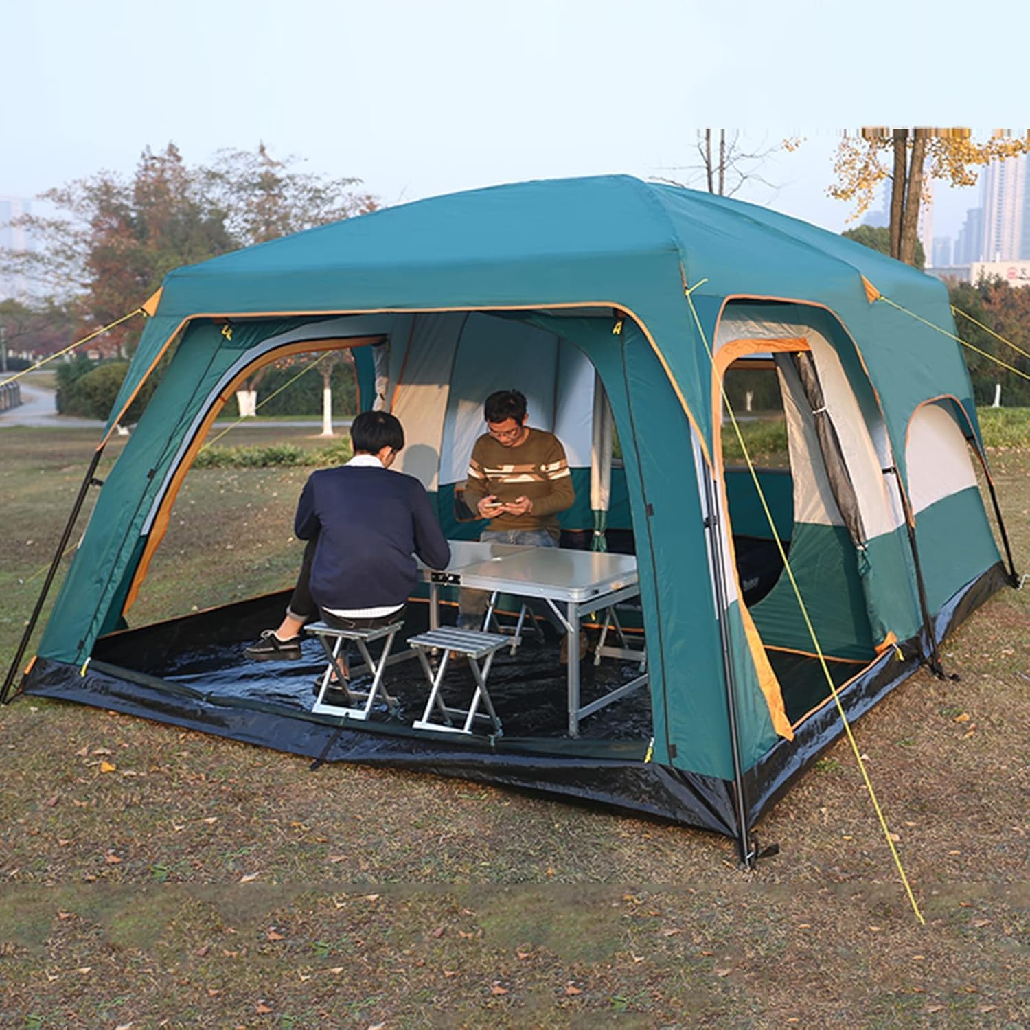Tende da Campeggio con Portico, Tenda Istantanea Tenda da Campeggio Automatica, Impermeabile Antivento Facile da Installare in Pochi Minuti Ideale per Viaggi in Auto in Fa, Orange, 320 * 220 * 195cm