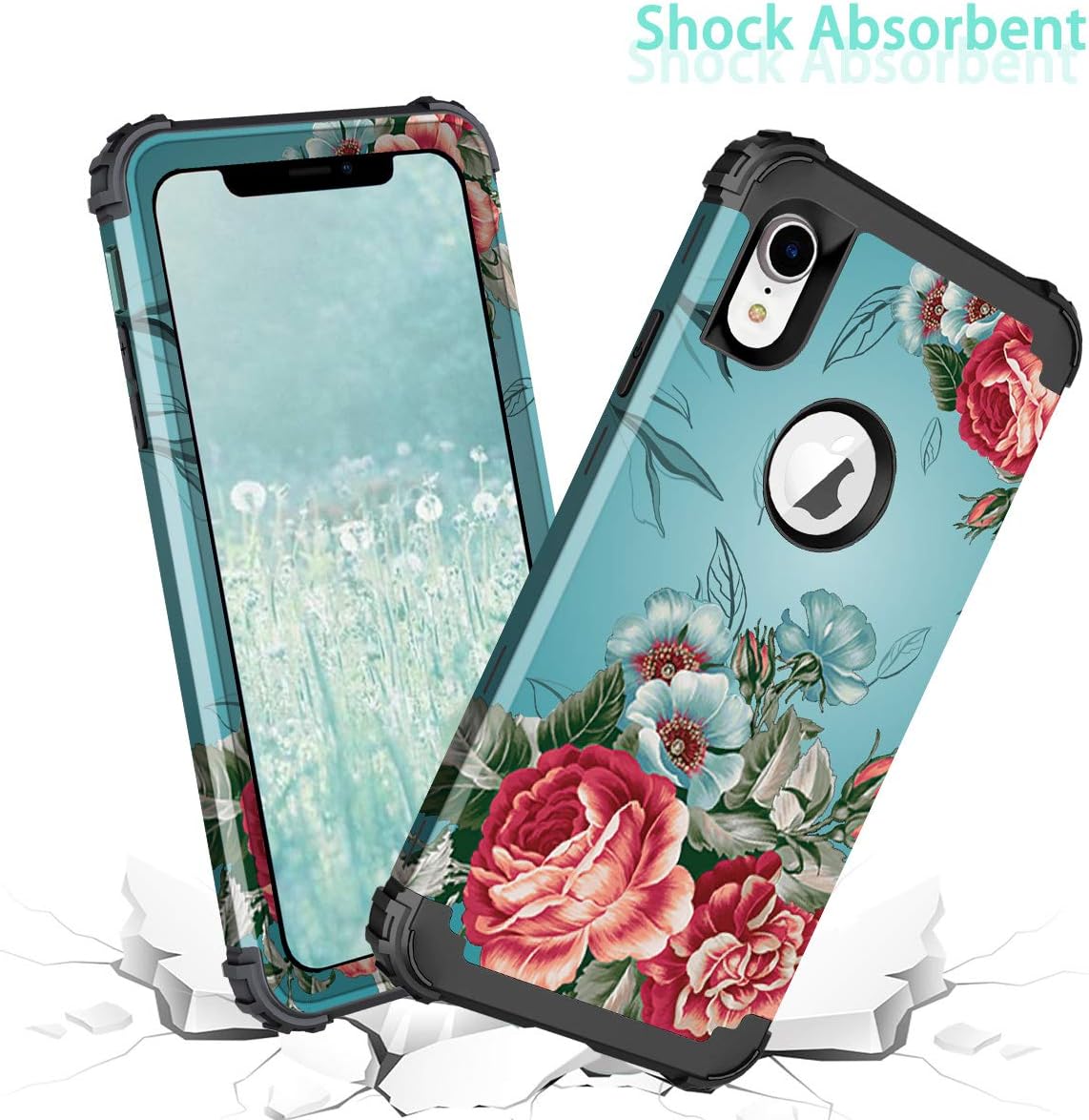 LONTECT Compatible iPhone XR 2018 Case Floral 3 in 1 Heavy Duty Hybrid Sturdy High Impact Shockproof Protective Cover Case for Apple iPhone XR 6.1 Display, Teal/Red Flower