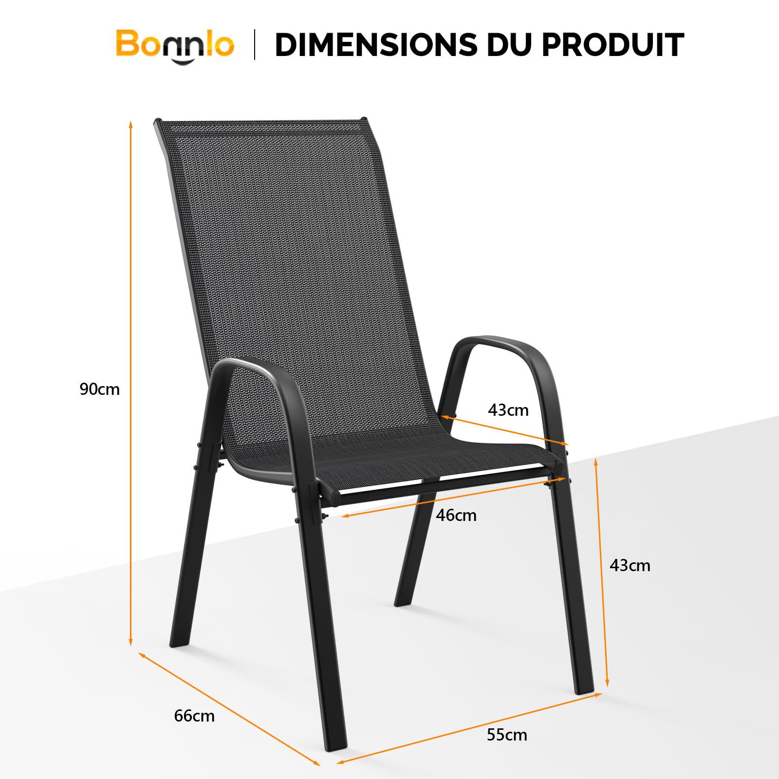 Bonnlo Lot de 6 Chaises de Jardin Exterieur - Chaise Empilable, Idéales pour Jardins, Cours, Balcons, Restaurants, Facile à Installer, Confortable et Design (Noir, Lot de 6)