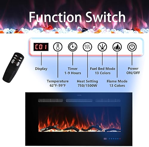 Miniatura 4 de Velaychimney Insertos de chimenea eléctrica de 60 pulgadas, calentador de chimenea empotrado y montado en la pared con 13 colores de llama y lecho