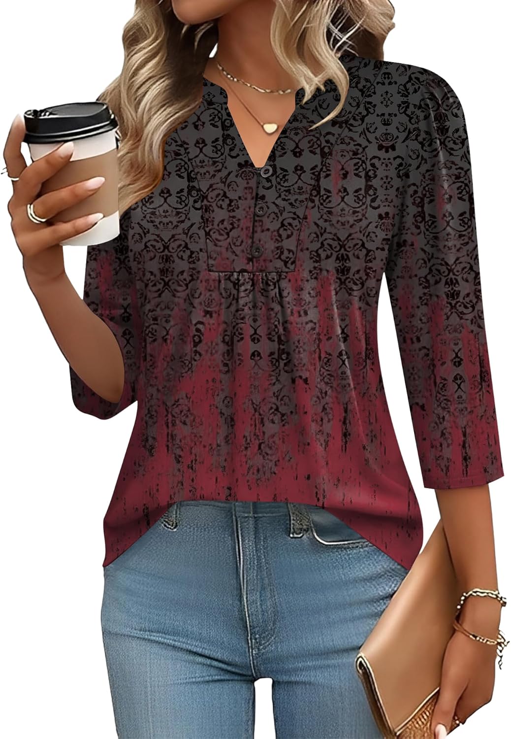 IECCP 3/4 Length Sleeve Womens Tops Dressy Casual Henley V-Neck Summer Tops Pleated T-Shirts Loose Fit Work Blouses