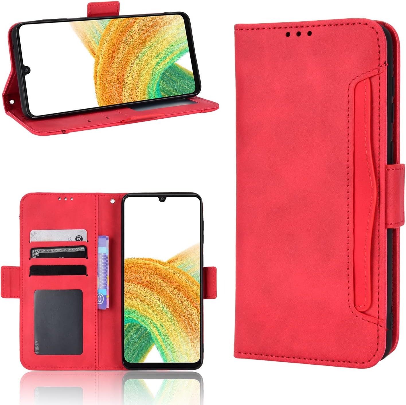 Red wallet phone case in various positions, including open with phone and in kickstand mode