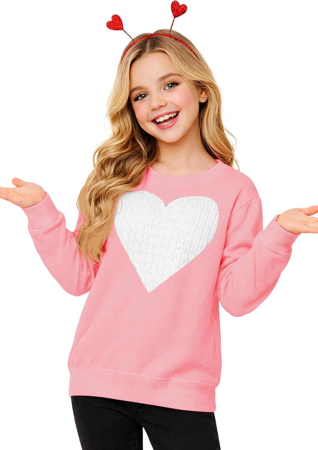 Girls Valentine Sweater Kids Long Sleeve Cute Heart Winter Holiday Knit Pullover 5-14 Years