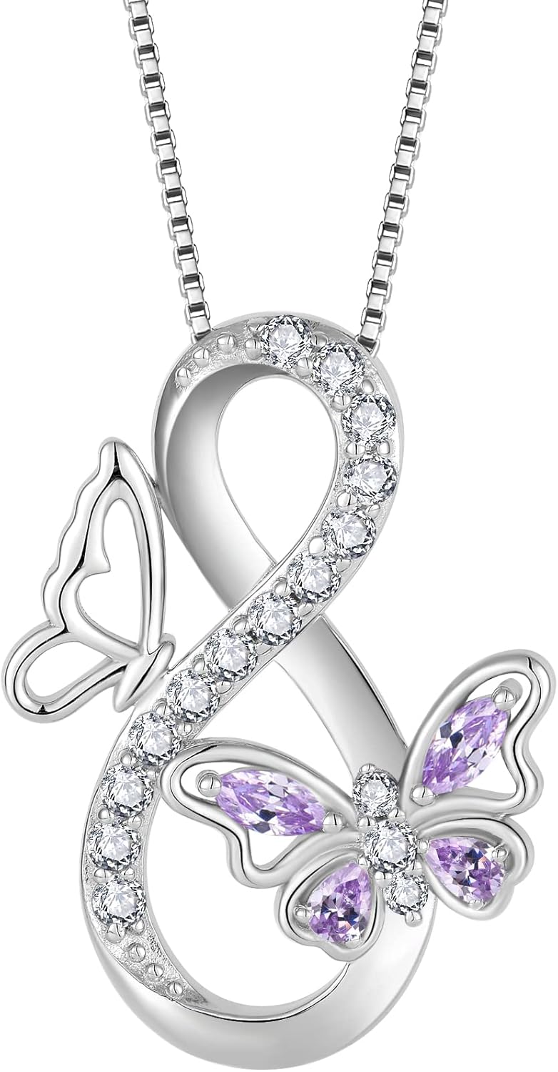 Infinity Butterfly Necklace 925 Sterling Silver Birthstone Pendant Jewelry for Women
