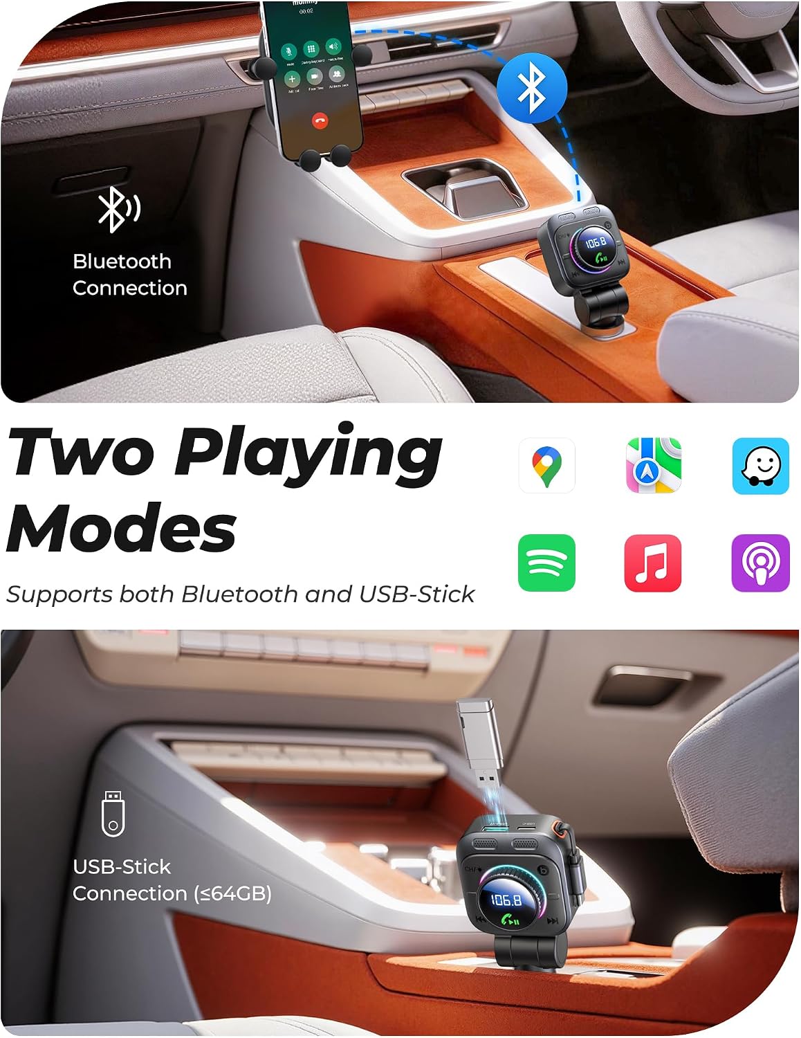 LENCENT 72W Bluetooth 5.4 FM Transmitter Car Adapter with Extendable Charging Cable USB C Car Cigarette Lighter, Bass & Hands-Free, 180° Rotatable for iPhone 17/16/15