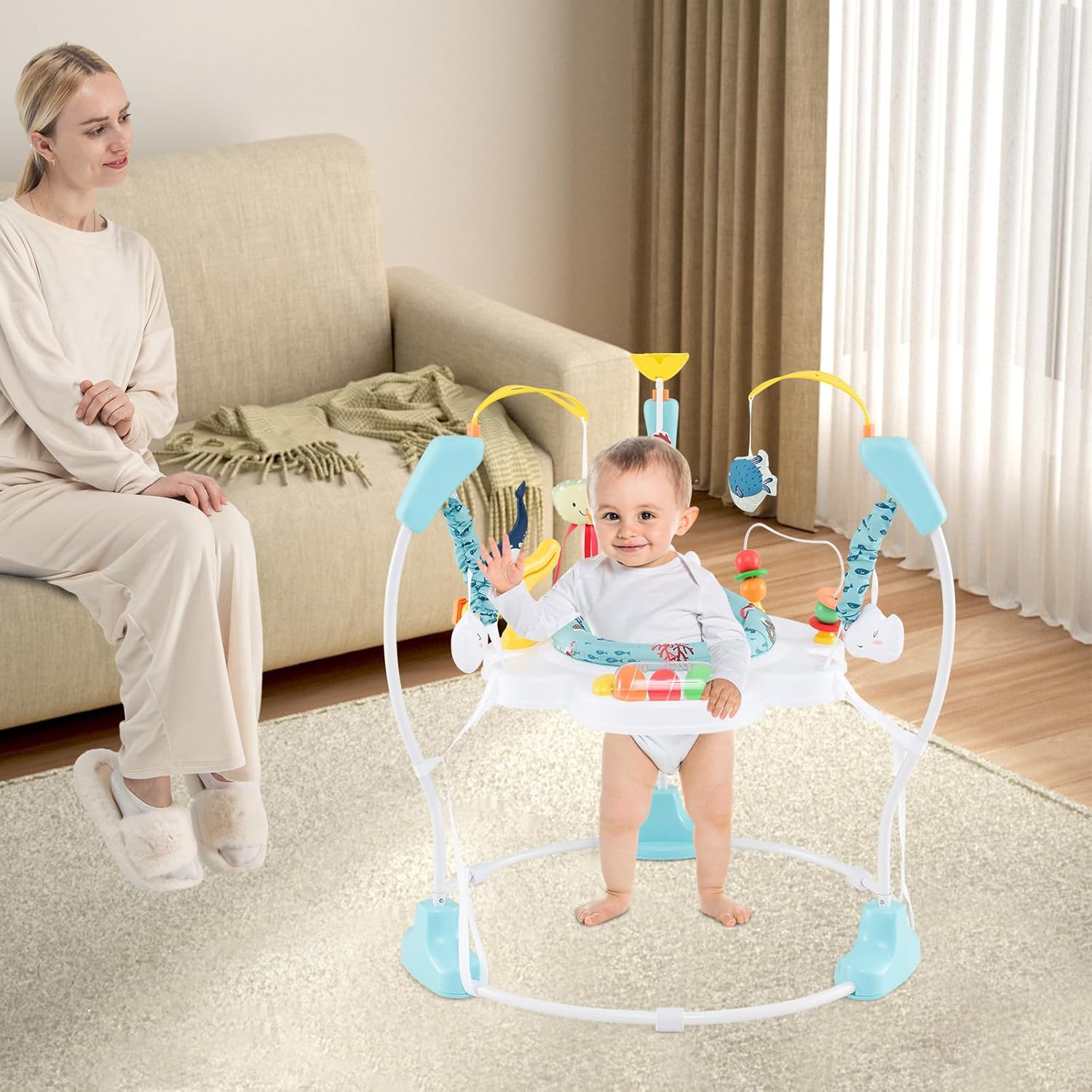 HONEY JOY Baby Bouncer Activity Center, Infant Jumper and Table w/ 360° Rotary Seat, 3 Adjustable Heights, Mat, Music, Lights, Sounds & Developmental Toys, Activity Center for Babies (Light Blue)