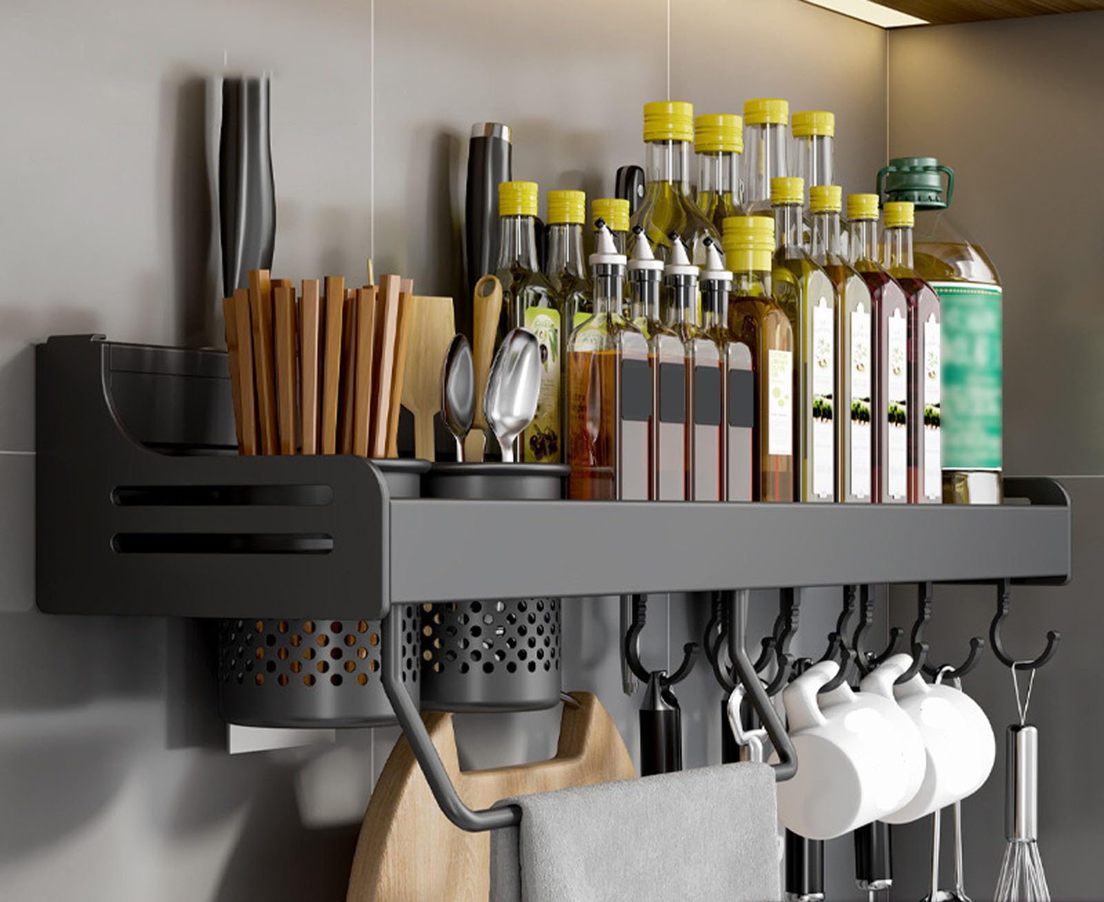 GLJTUO Wall-Mounted Spice Rack - Metal Hanging for Kitchen Spices, Seasoning Holder with Towel Holder, Knife Storage, Hooks & Utensil (Black 60Cm),Black-60Cm