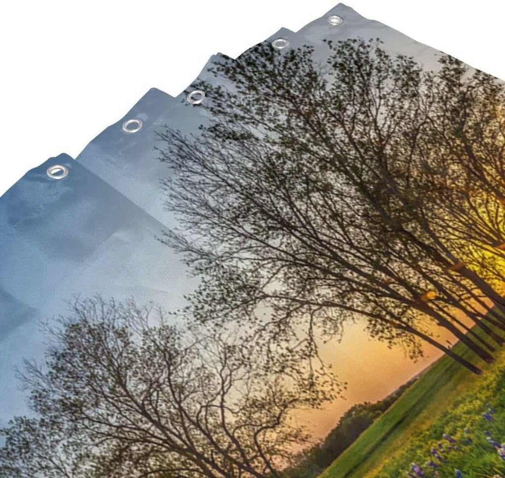 City Texas Shower Curtain Set Bluebonnet Filed Sunset Spring Bathroom Curtains Polyester Fabric Waterproof Bath Curtains Decor 66" W x 72" L with Hooks