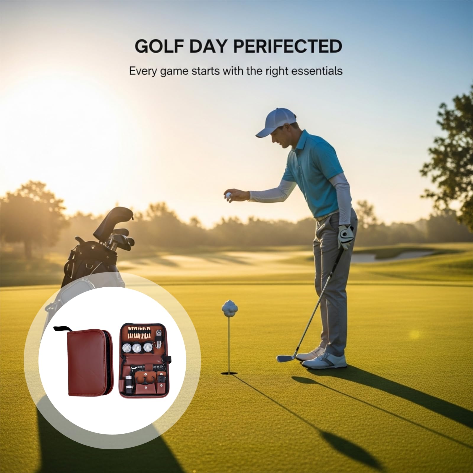 Prezenty golfowe dla mężczyzn i kobiet, zestaw akcesoriów golfowych ze skóry PU z etui, 3 piłki, 12 koszulek, strzelec, przenośny, 20 x 15 x 9 cm