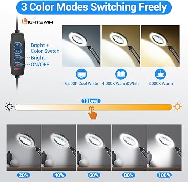 10X LED Magnifier Desk Lamp with Clamp, Hands Free Magnifying Glass with 72 LEDs Light, 3 Color Modes Stepless Dimmable, included Two Pack 30X 45X Jewelers Loupe for Close Work, Repair, Reading, Craft