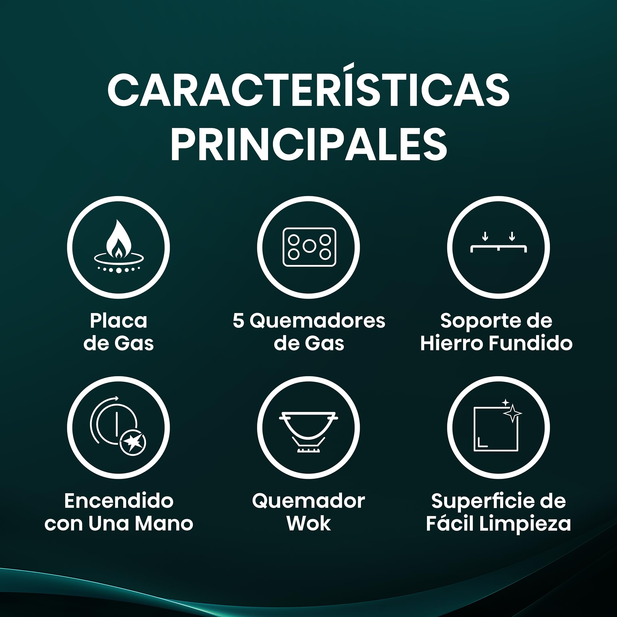 Hisense GG773B - Placa de Gas 5 Zonas, 1000W, Fondo 52cm, 5 Quemadores de Gas, Soporte de Hierro Fundido, Encendido con una mano, Quemador Wok, Superficie de fácil limpieza, Cristal Negro