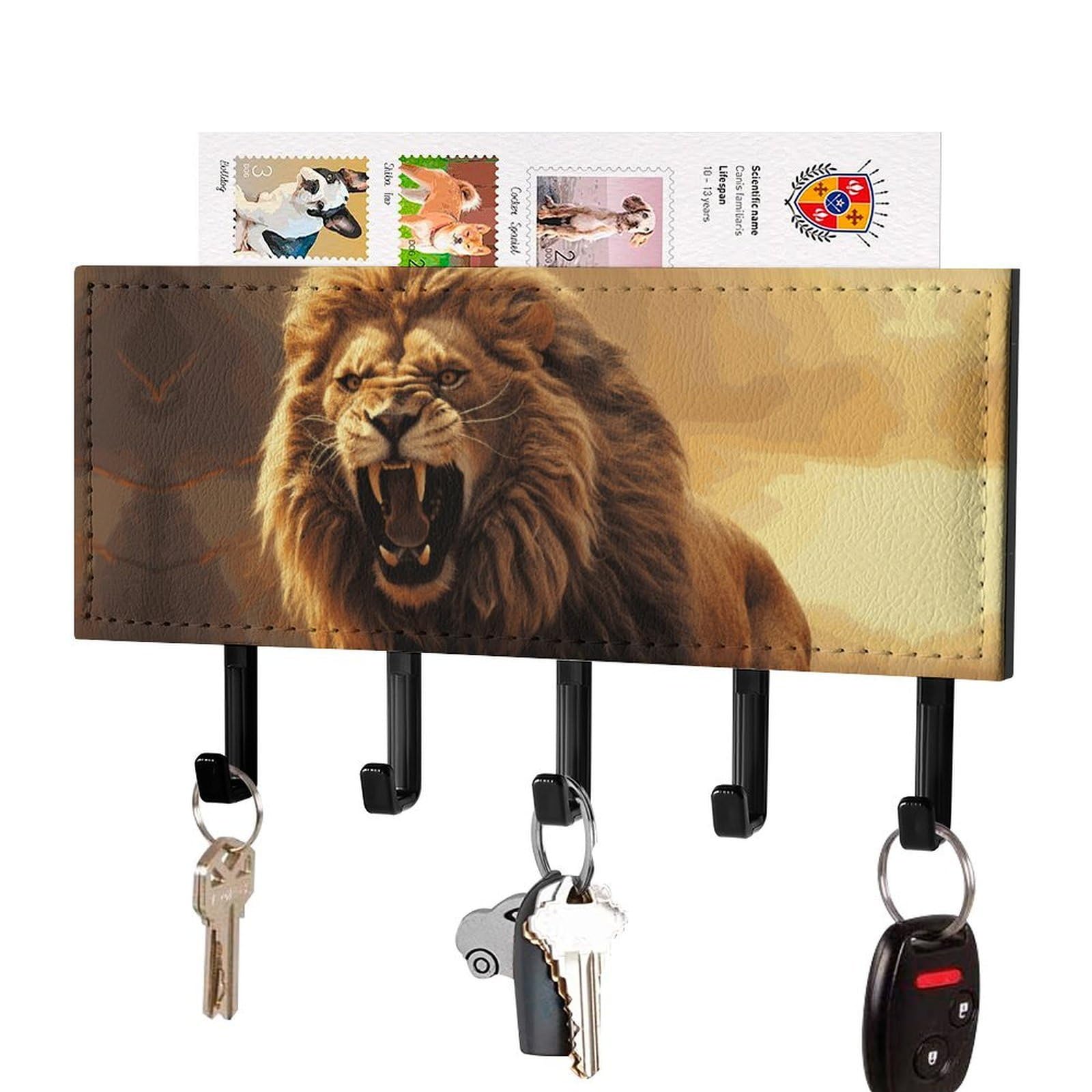 DWVTSLH Angry Roaring Lion Key Holder for Wall, Decorative Key Hooks with Mail Organizer & 5 Hooks, Self Adhesive Leather Key Hanger for Entryway, Wall Mounted Key Rack (7.1” X 4.3” X 0.9”)