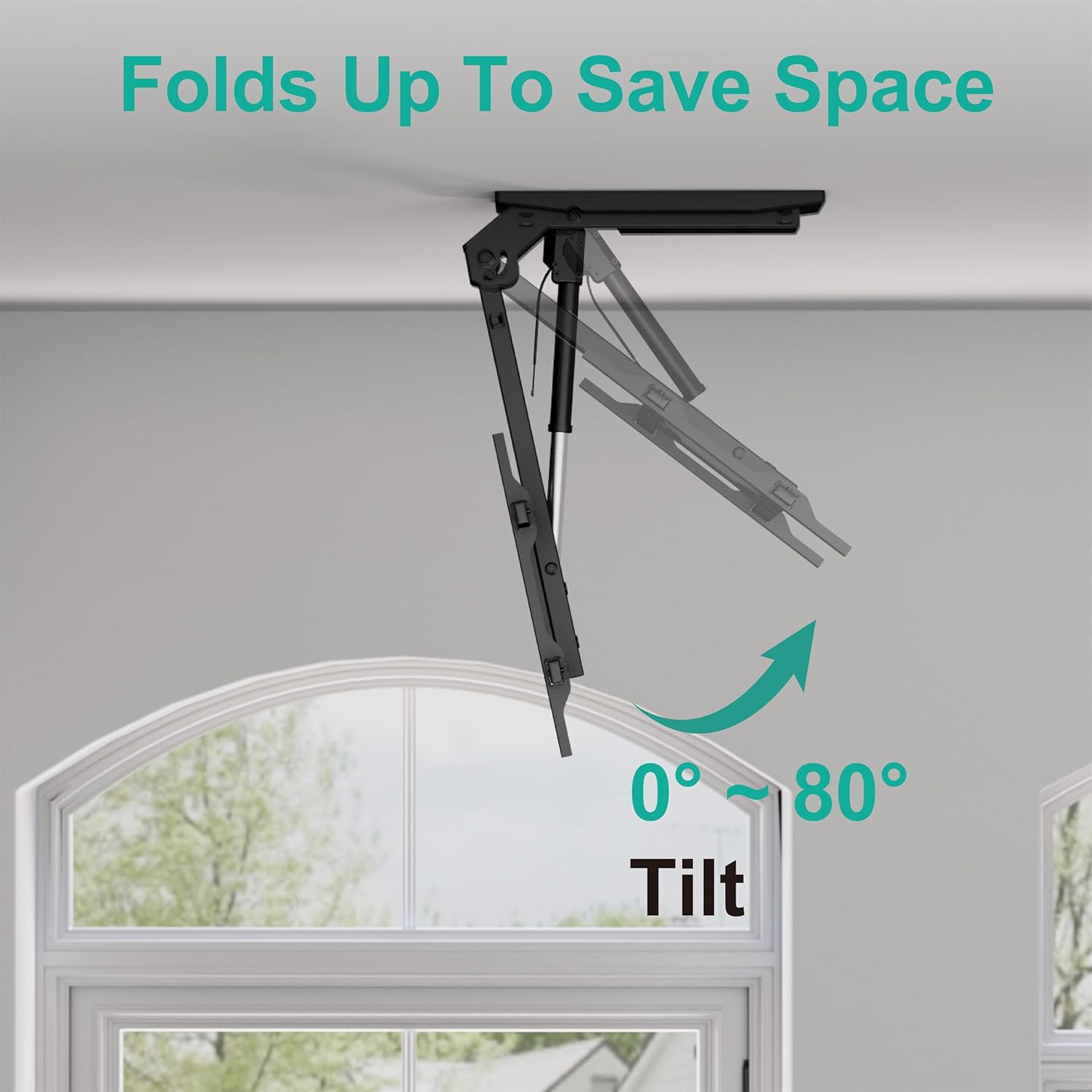 Illustration of the WALI Electric Ceiling TV Mount tilting mechanism, showing the TV folding up from 0 to 80 degrees.