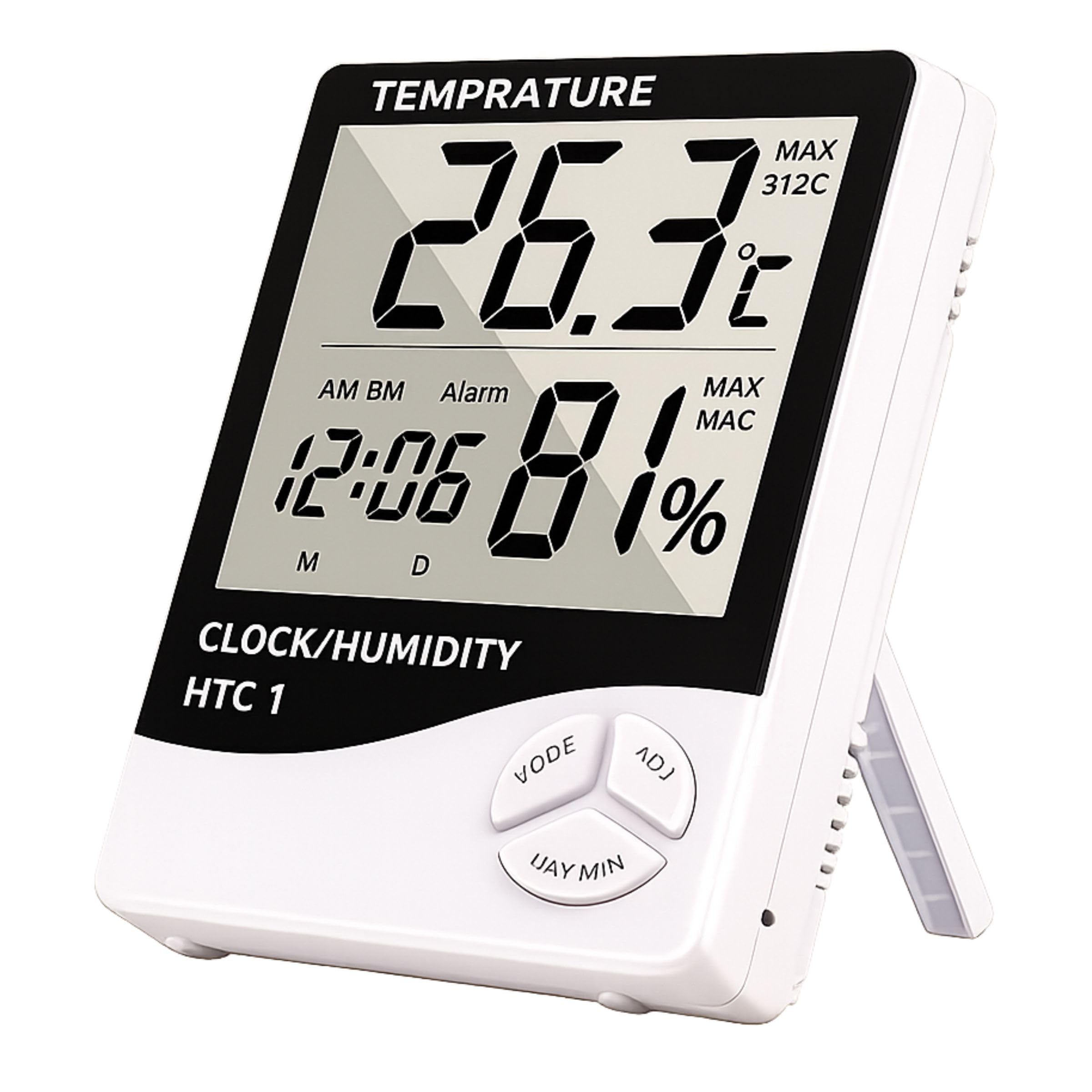 HTC-1 Digital Hygrometer Thermometer, Black & White, Hard Plastic, with Clock, Calendar, and Alarm, LCD Display, 9cm x 2cm x 10cm-image-19