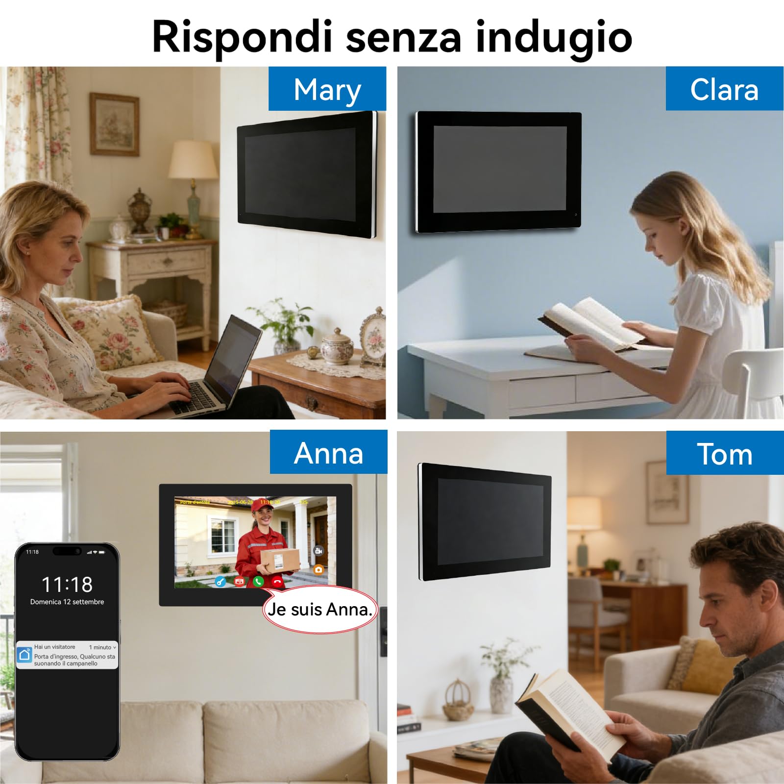 Citofono Bifamiliare, video Citofoni Wi-Fi con monitor Schermi da 7", Campanello con Telecamera per Visione Notturna, Rilevamento Persone, Sblocco Tramite App/RFID badge, Per 4 Famiglie
