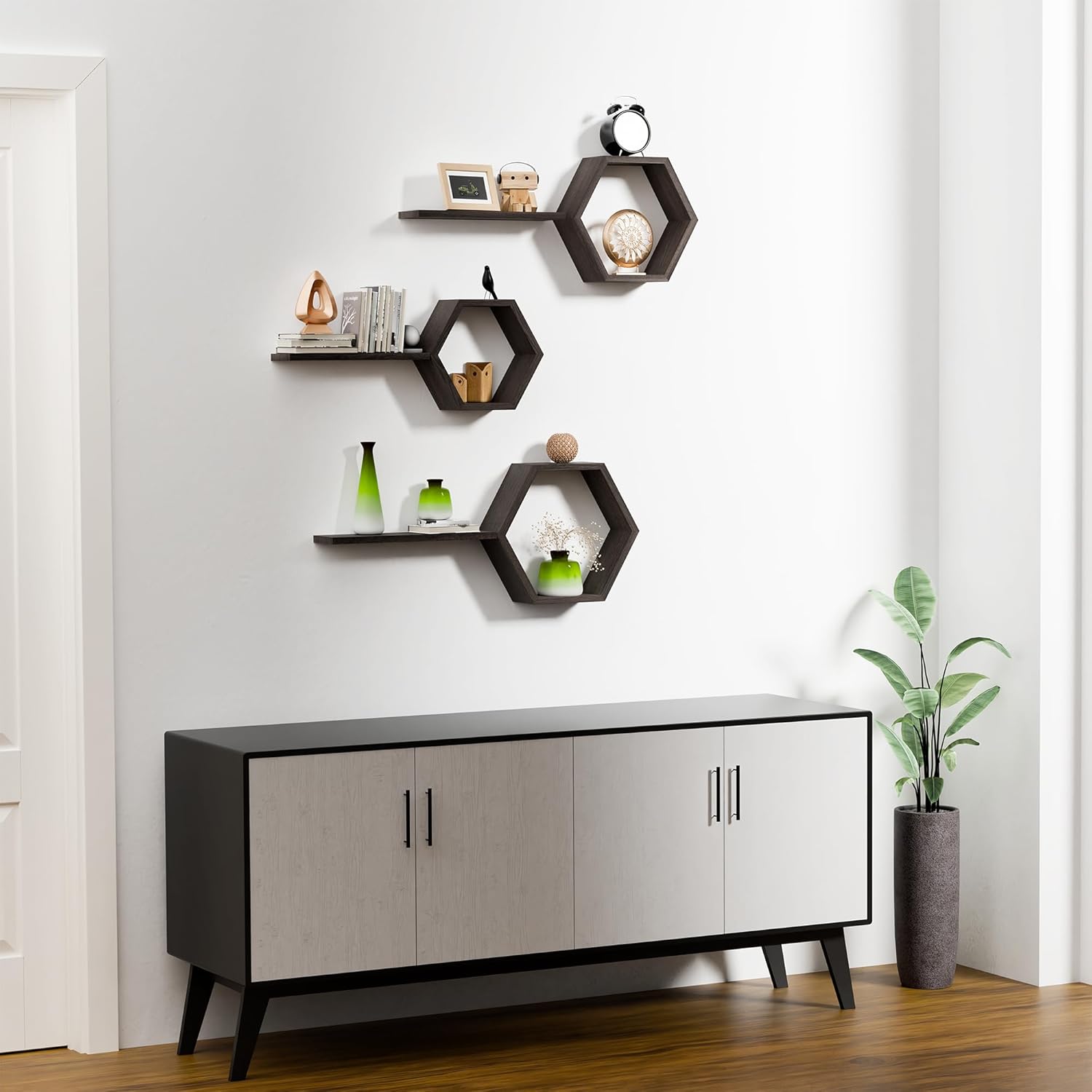 Hexagon Floating Shelves Set of 6 Honeycomb Shelves for Wall, Wooden Hexagon Shelves for Farmhouse Storage (Rustic Brown)