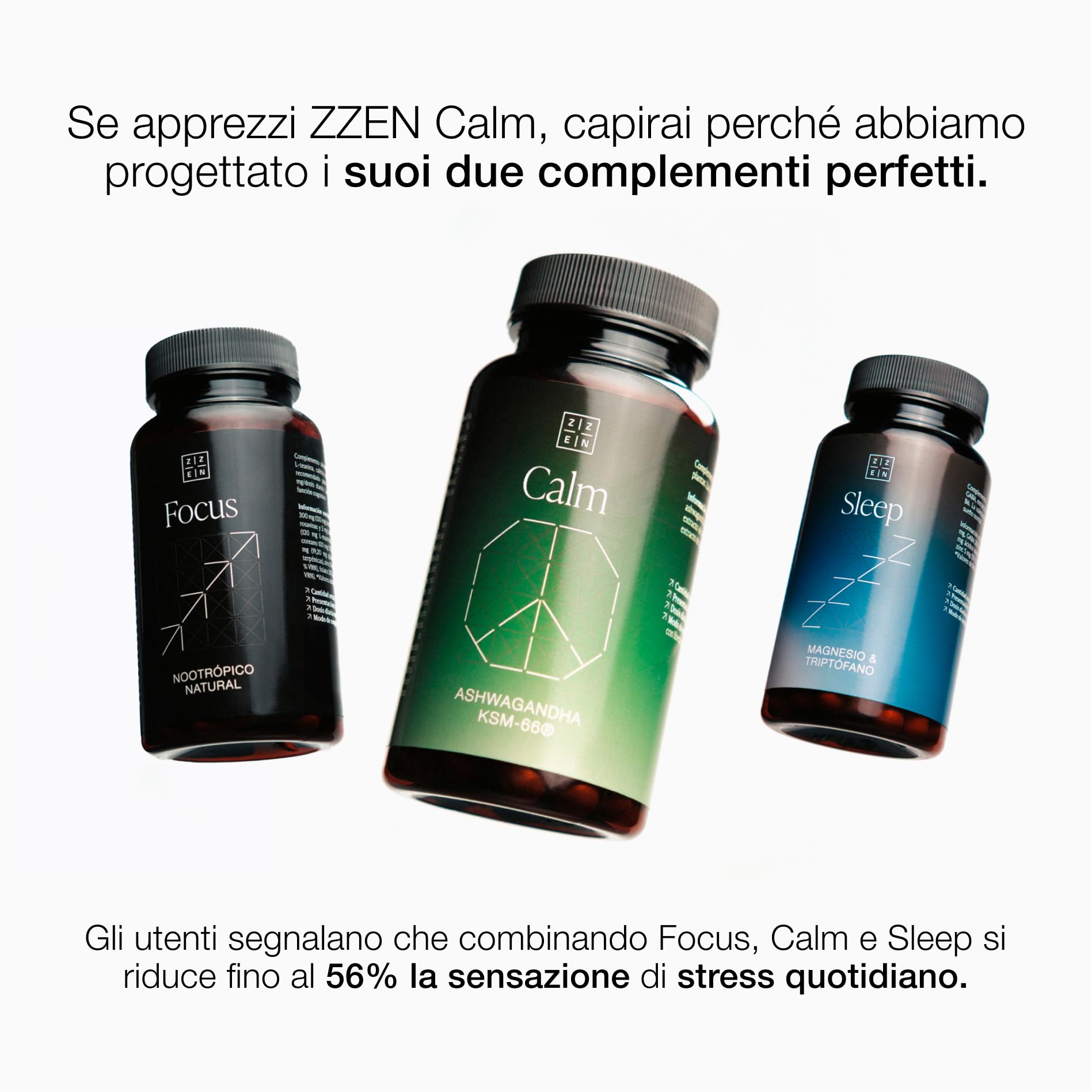 ZZEN Calm - Ashwagandha KSM-66® Vegan da 600 mg con Zafferano e Melissa | 5% Withanolidi, Integratore Ginseng Indiano per Stress, Ansia e Cortisolo Balance, 60 Capsule, Nootropico Calmante