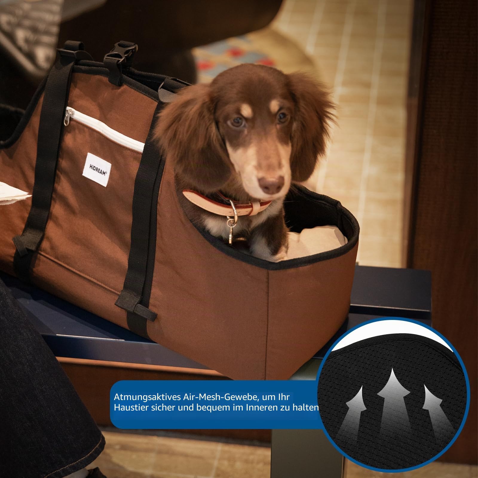 Tragbare Hundetasche, Nylon, leicht, wasserabweisend, Dackel-Haustier-Tragetasche, Lange Hundetasche, bis zu 8 kg, mit U-förmiger Öffnung und Anti-Ausbruch-Clip (Braunheit)