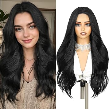 Black Wig for Women Long Wavy Natural Black Layered Wigs Hand Tied Lace Scalp Middle Part Hairline Glueless Synthetic Wig Heat Resistant Fiber Wigs for Daily Cosplay 24 Inch