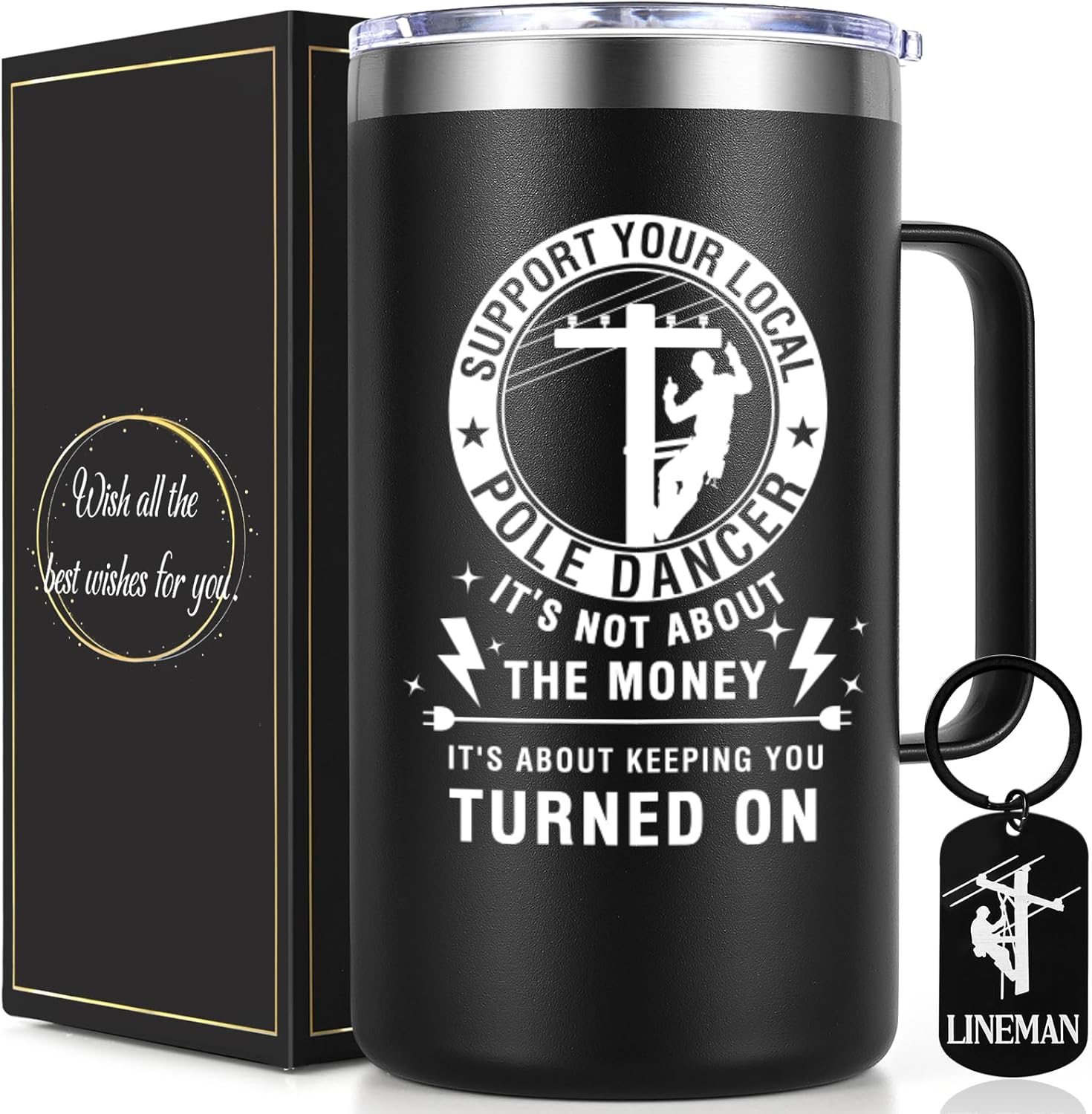 Lifecapido Lineman Gifts for Men, 20 Oz Insulated Coffee Mug with Keychain, Funny Christmas Birthday Gifts for Lineman Dad Brother Men(Black)