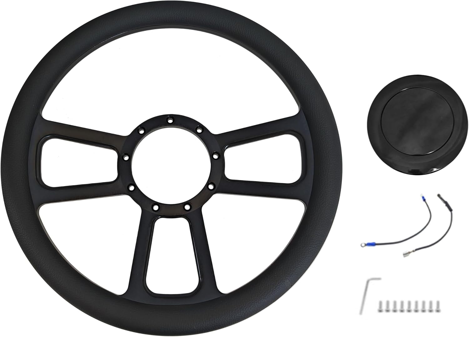 X-AVION 14" Billet Black GM Classic Car Steering Wheel, Leather Half Wrapped 'T' Style Steering Wheel with Horn Button, Fits Most 1967-94 GM Cars