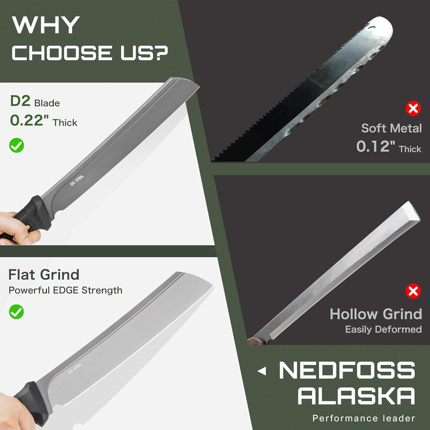 NedFoss 16" Survival Machete with Sheath, D2 Steel 0.22" Thick Full Tang Blade Machete Knife with Flat Grinding, Machete for Cutting Trees, for Yard Work, Clearing Brush with TPE Handle - Image 5