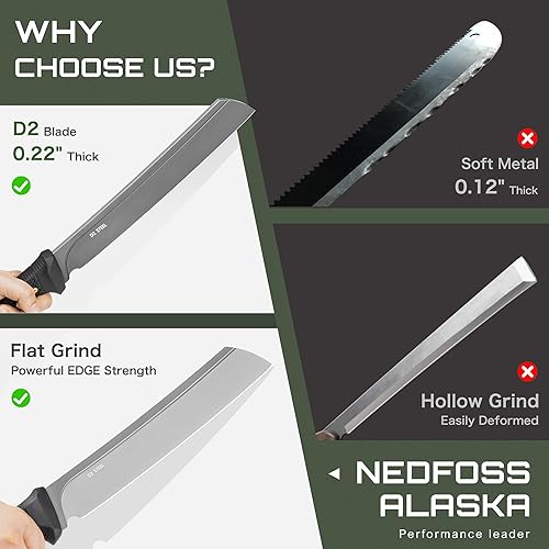 Miniatura 5 de NedFoss 16" Survival Machete with Sheath, D2 Steel 0.22" Thick Full Tang Blade Machete Knife with Flat Grinding, Machete for Cutting Trees, for Yard