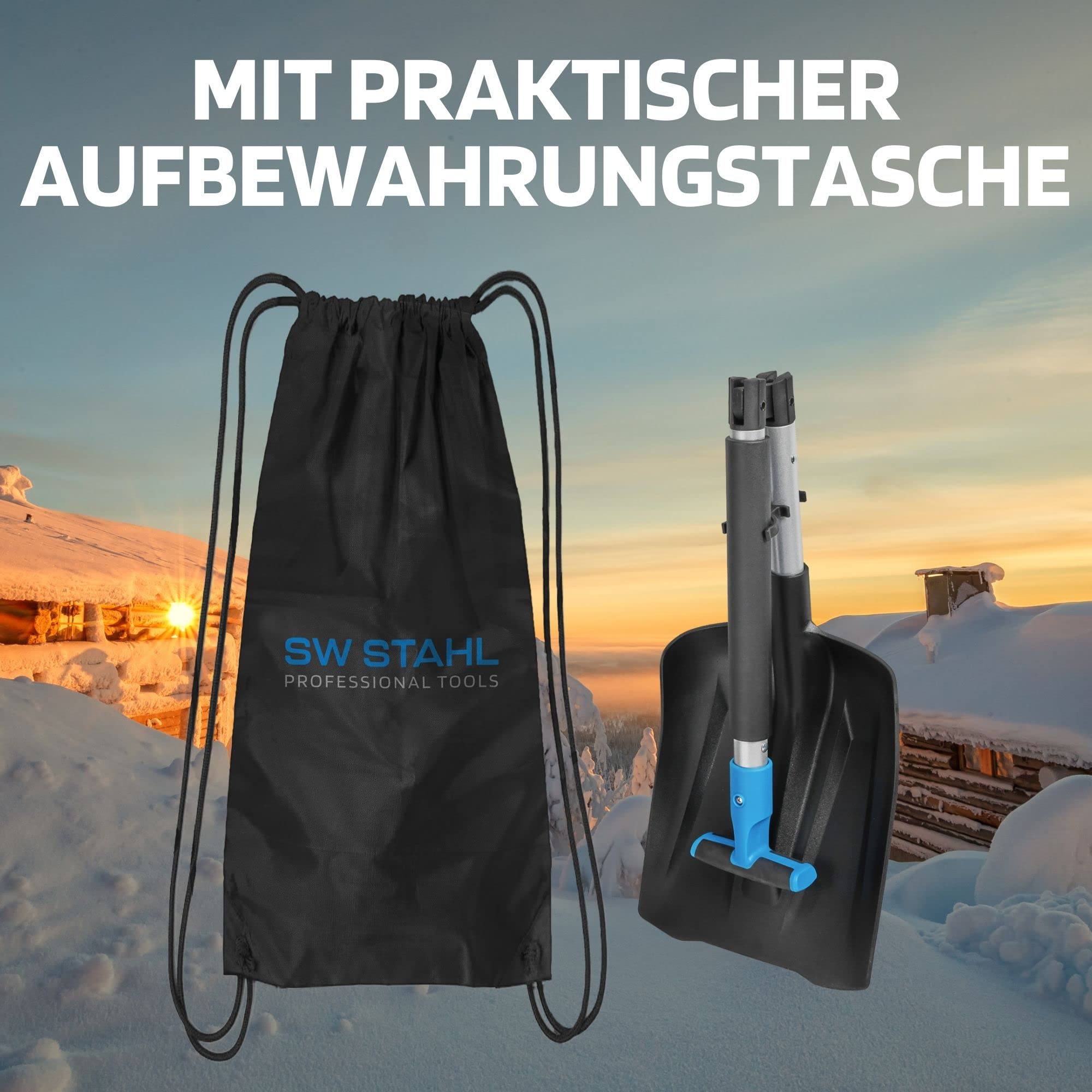 SW-Stahl 98150L Pala da Neve Pieghevole per Auto, Alluminio, 98 cm | Pala da sopravvivenza salvaspazio con lama larga 25 cm, impugnatura a T ergonomica e pratica custodia per il trasporto